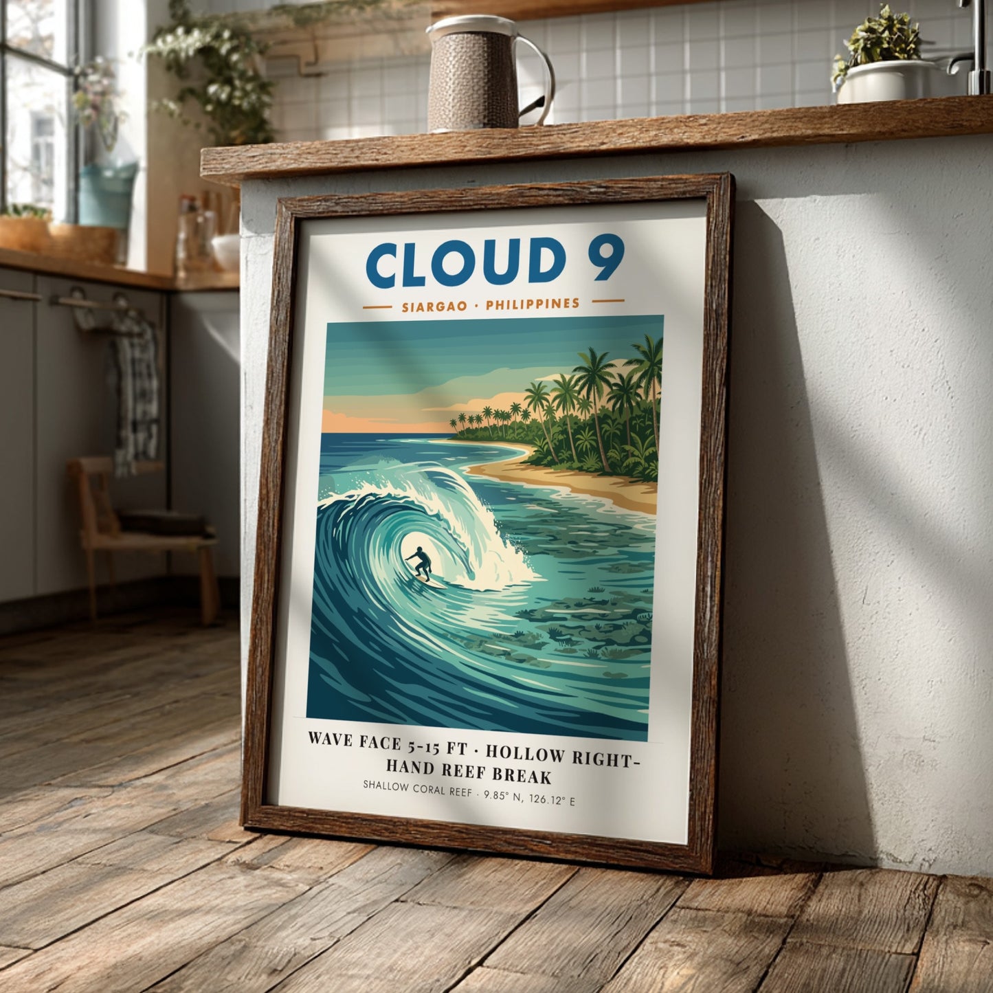 Travel poster of Cloud 9 Siargao with a surfer riding a turquoise wave