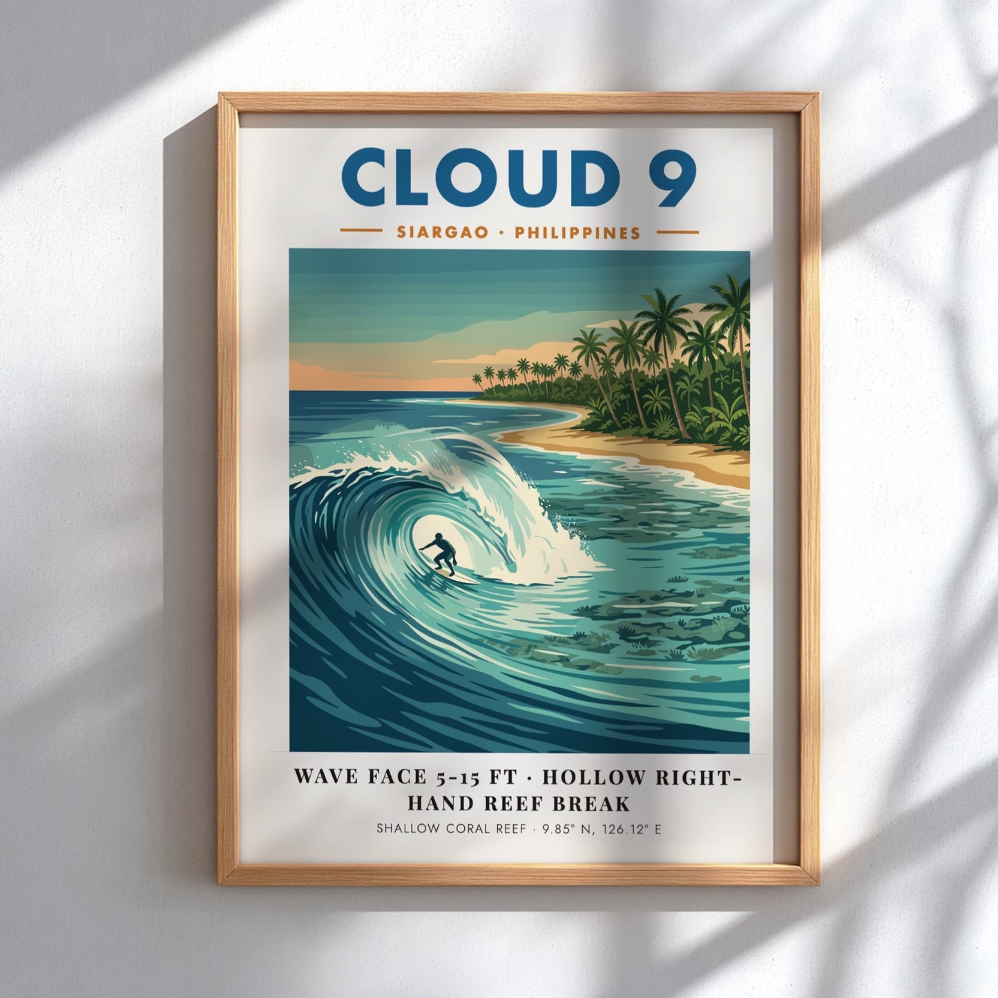 Travel poster of Cloud 9 Siargao with a surfer riding a turquoise wave