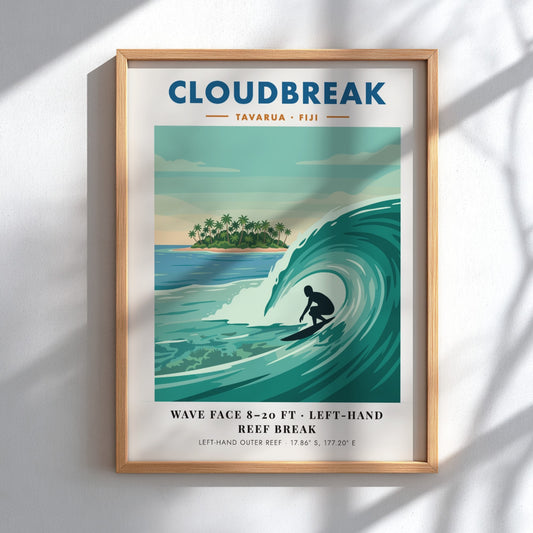 Cloudbreak Tavarua Fiji poster featuring a surfer on a wave with tropical island background