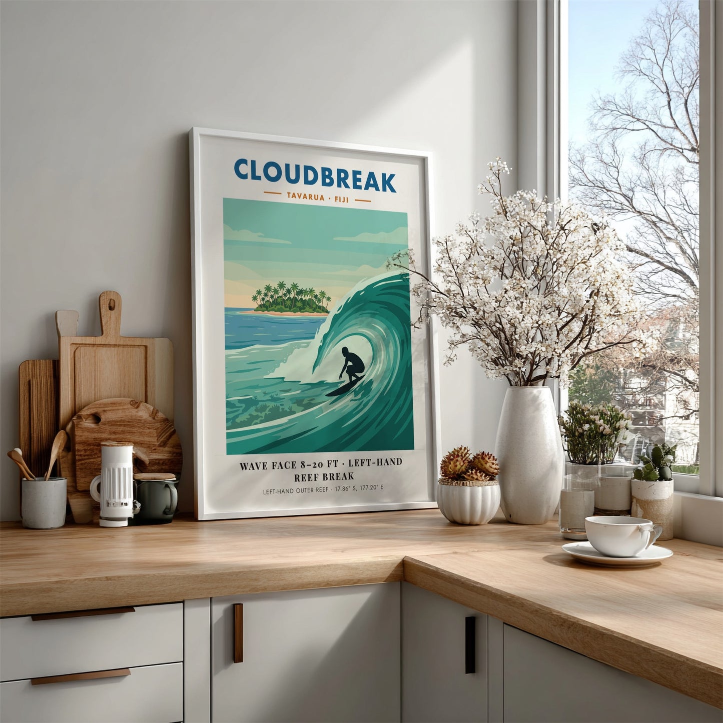 Cloudbreak Tavarua Fiji poster featuring a surfer on a wave with tropical island background