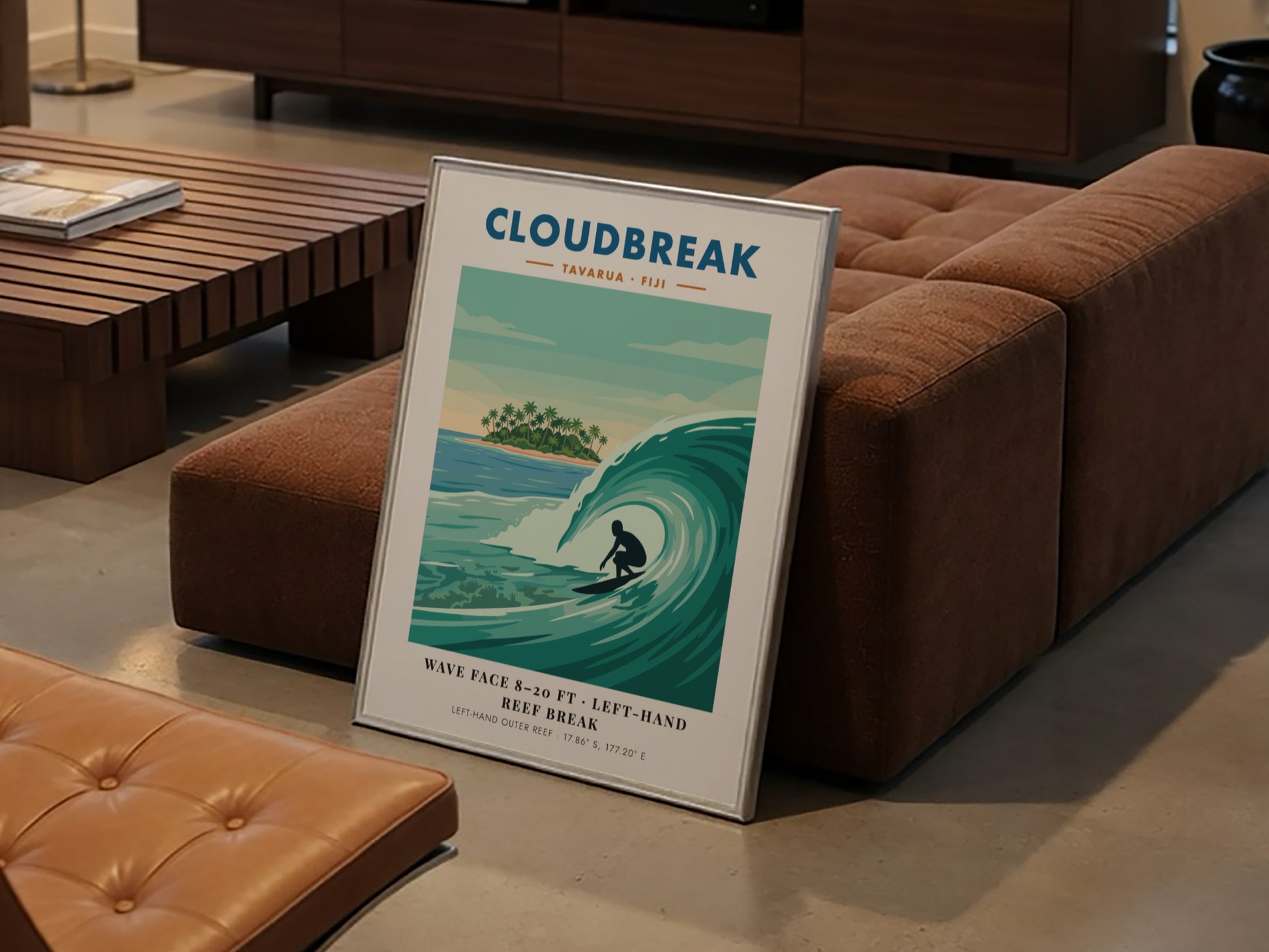 Cloudbreak Tavarua Fiji poster featuring a surfer on a wave with tropical island background