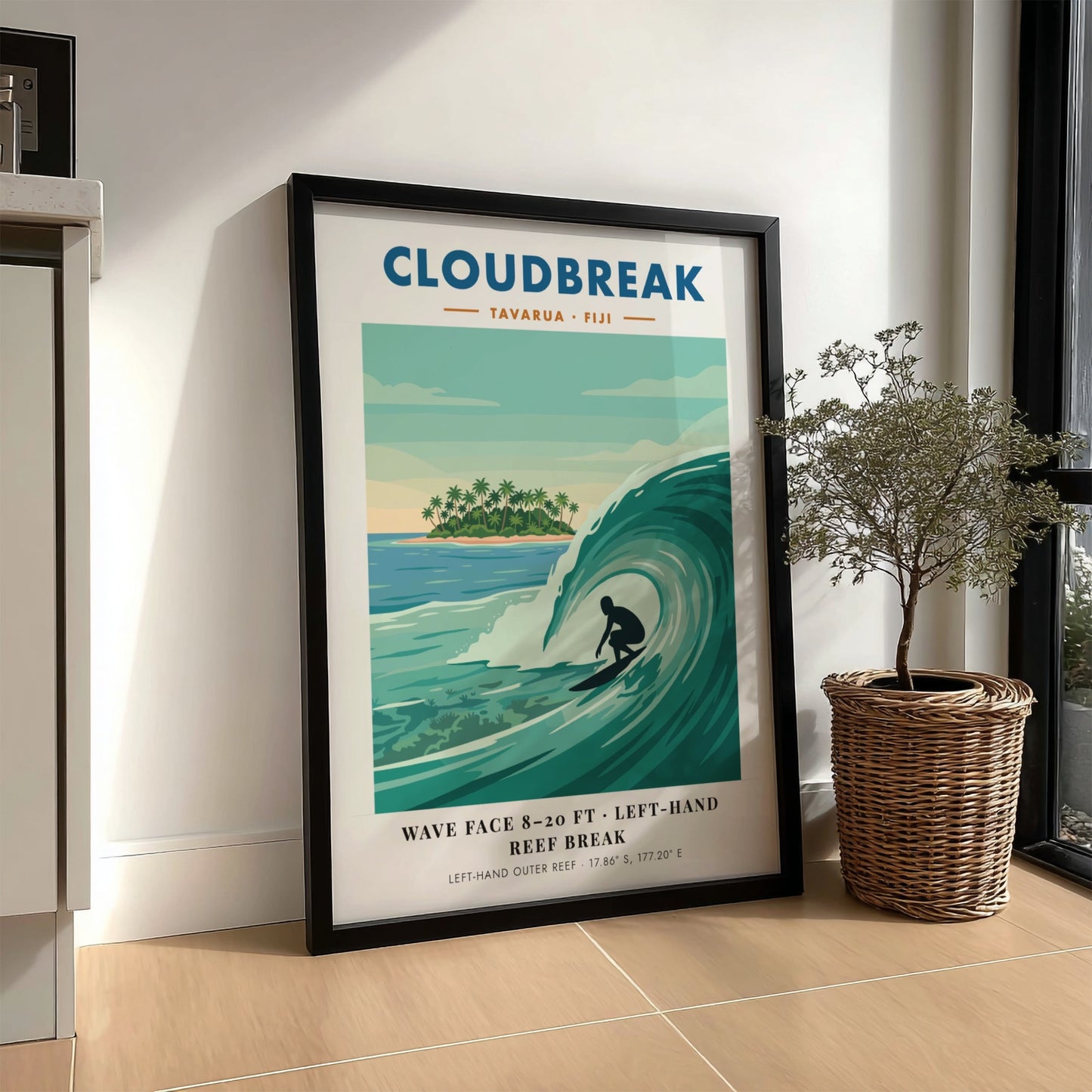 Cloudbreak Tavarua Fiji poster featuring a surfer on a wave with tropical island background