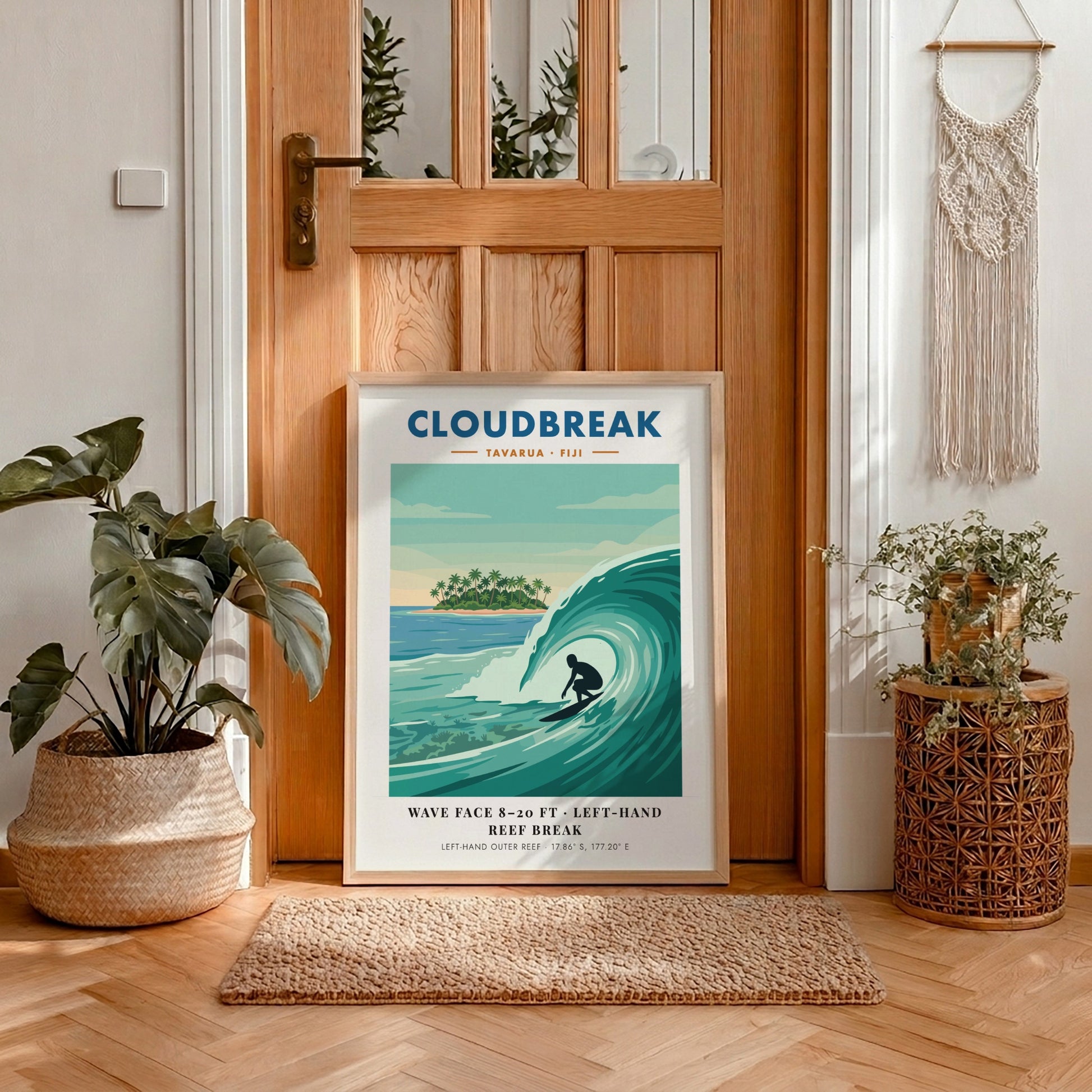 Cloudbreak Tavarua Fiji poster featuring a surfer on a wave with tropical island background