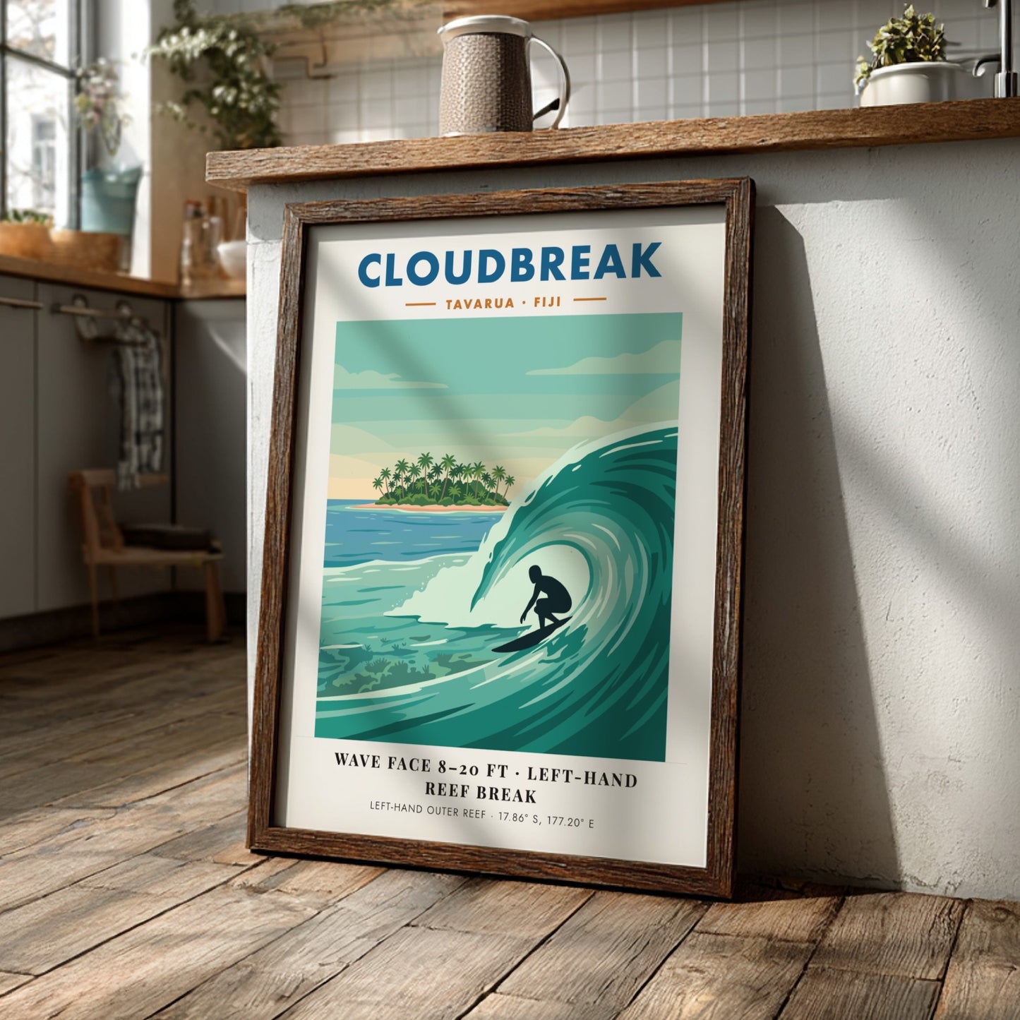 Cloudbreak Tavarua Fiji poster featuring a surfer on a wave with tropical island background