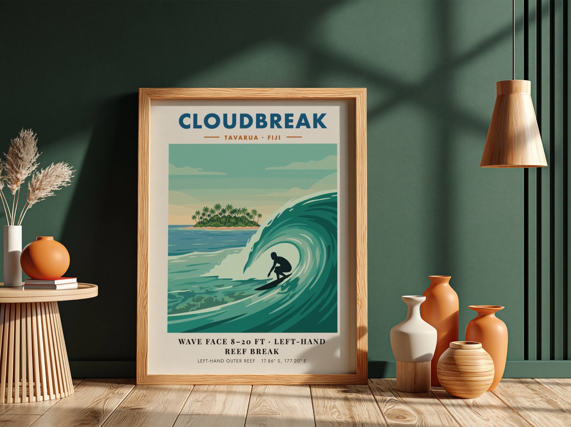 Cloudbreak Tavarua Fiji poster featuring a surfer on a wave with tropical island background