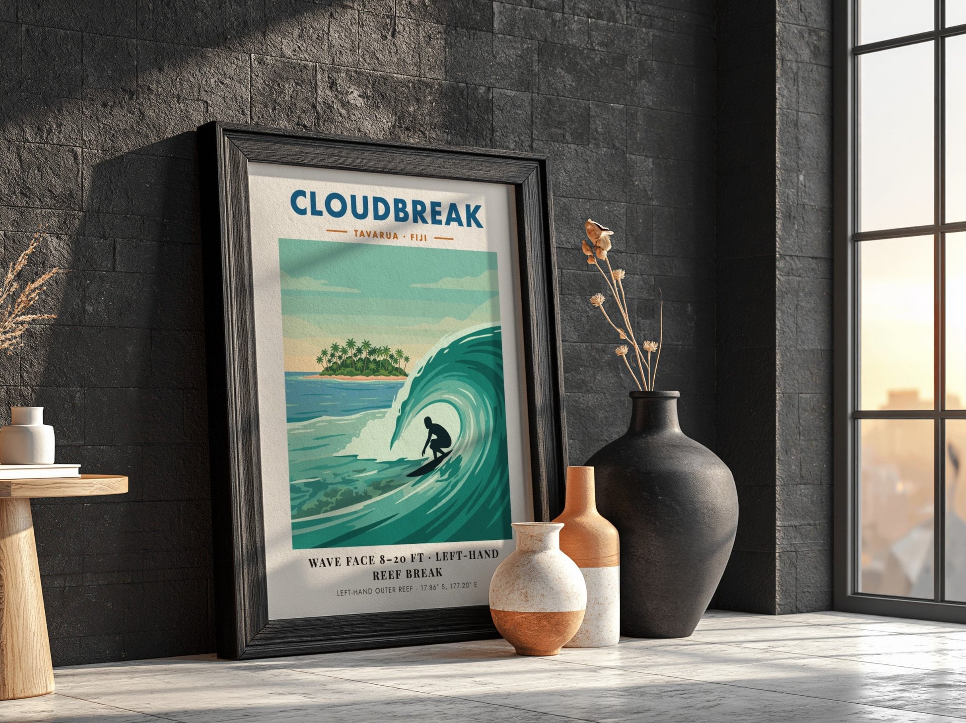 Cloudbreak Tavarua Fiji poster featuring a surfer on a wave with tropical island background