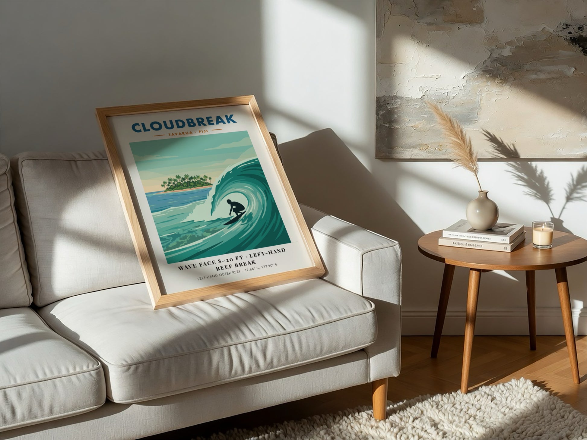 Cloudbreak Tavarua Fiji poster featuring a surfer on a wave with tropical island background