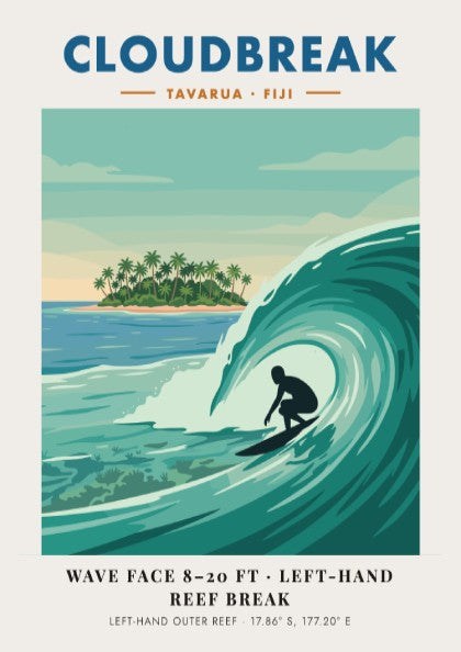 Cloudbreak Tavarua Fiji poster featuring a surfer on a wave with tropical island background