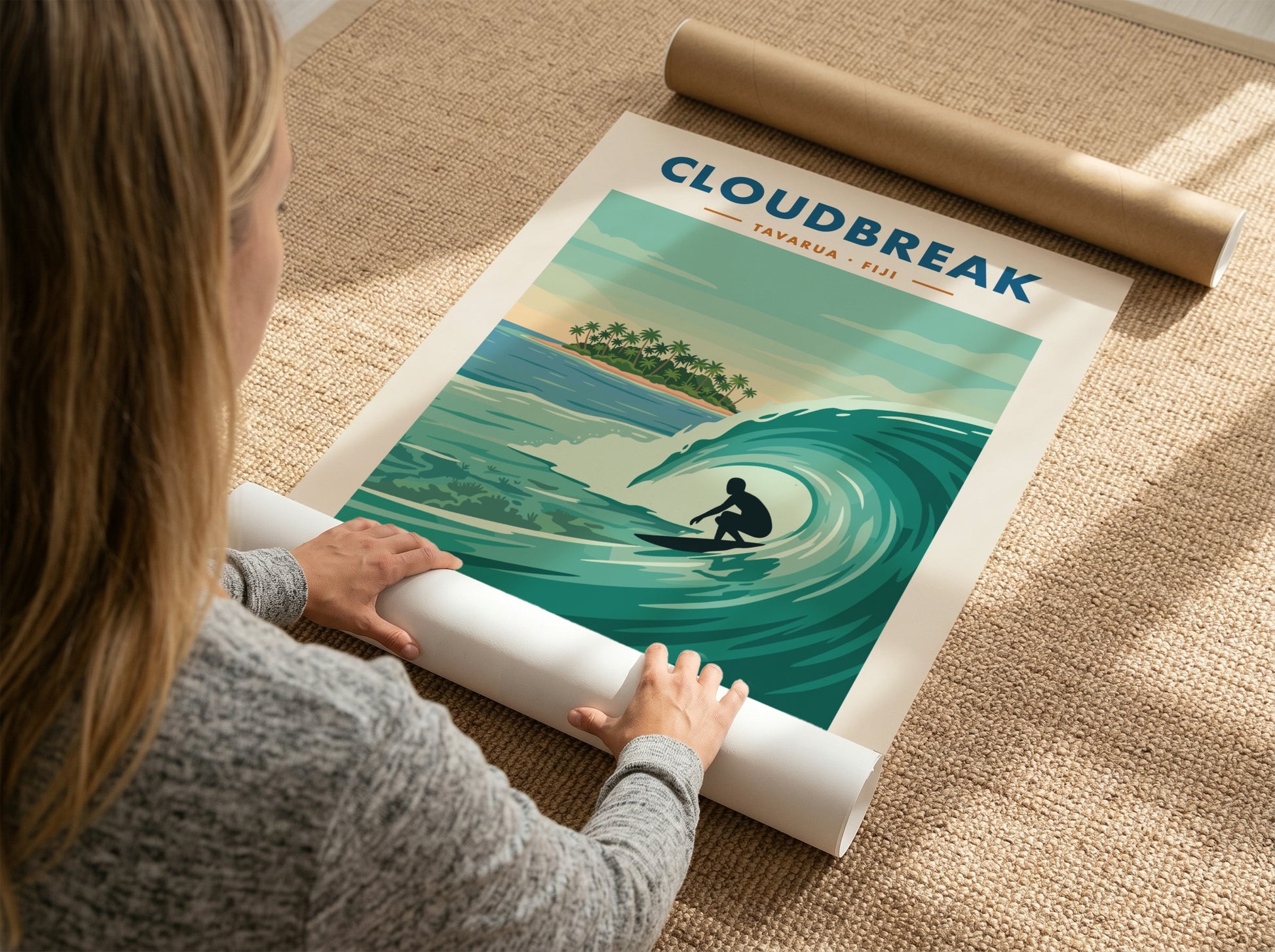 Cloudbreak Tavarua Fiji poster featuring a surfer on a wave with tropical island background