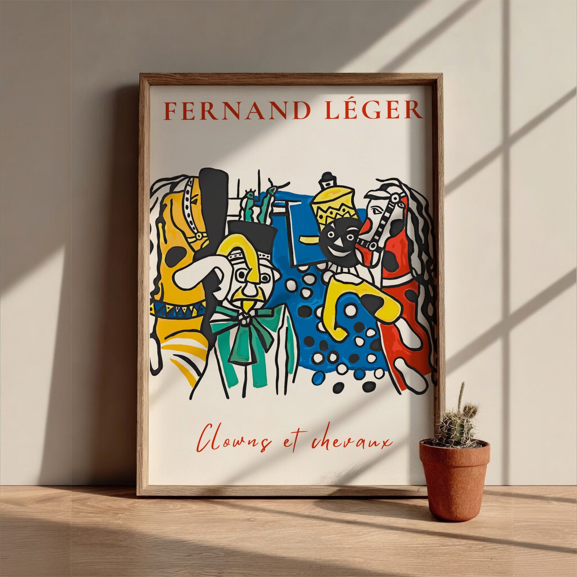 Poster of Fernand Léger's 'Clowns et Chevaux' featuring colorful circus figures and horses in a bold, modern