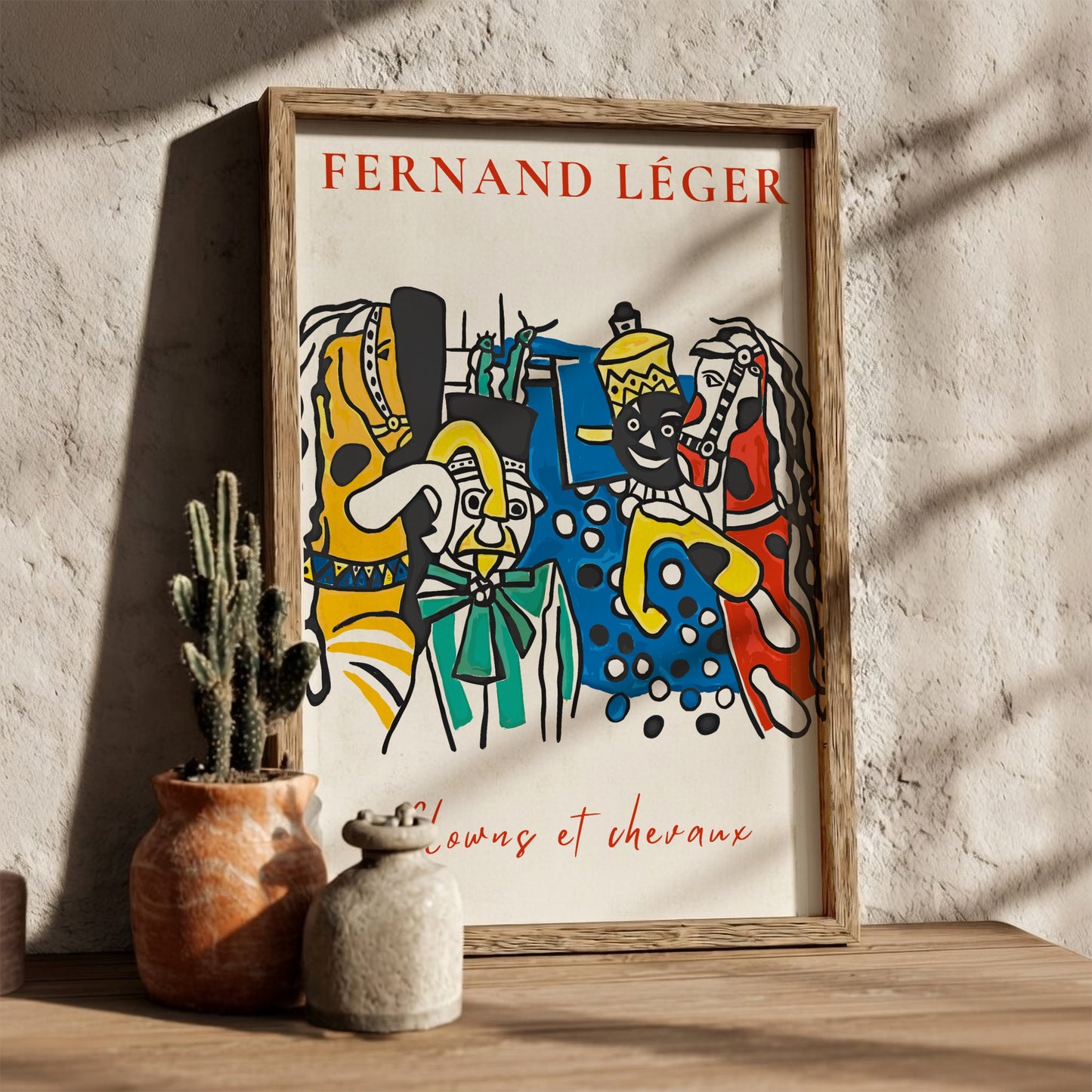 Poster of Fernand Léger's 'Clowns et Chevaux' featuring colorful circus figures and horses in a bold, modern