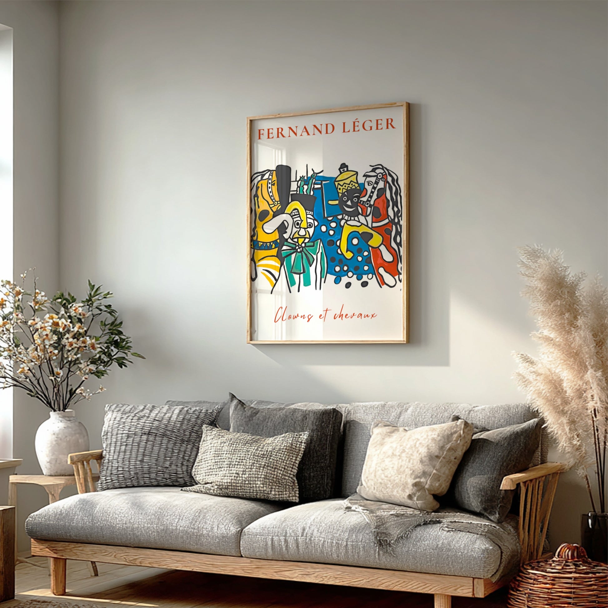 Poster of Fernand Léger's 'Clowns et Chevaux' featuring colorful circus figures and horses in a bold, modern