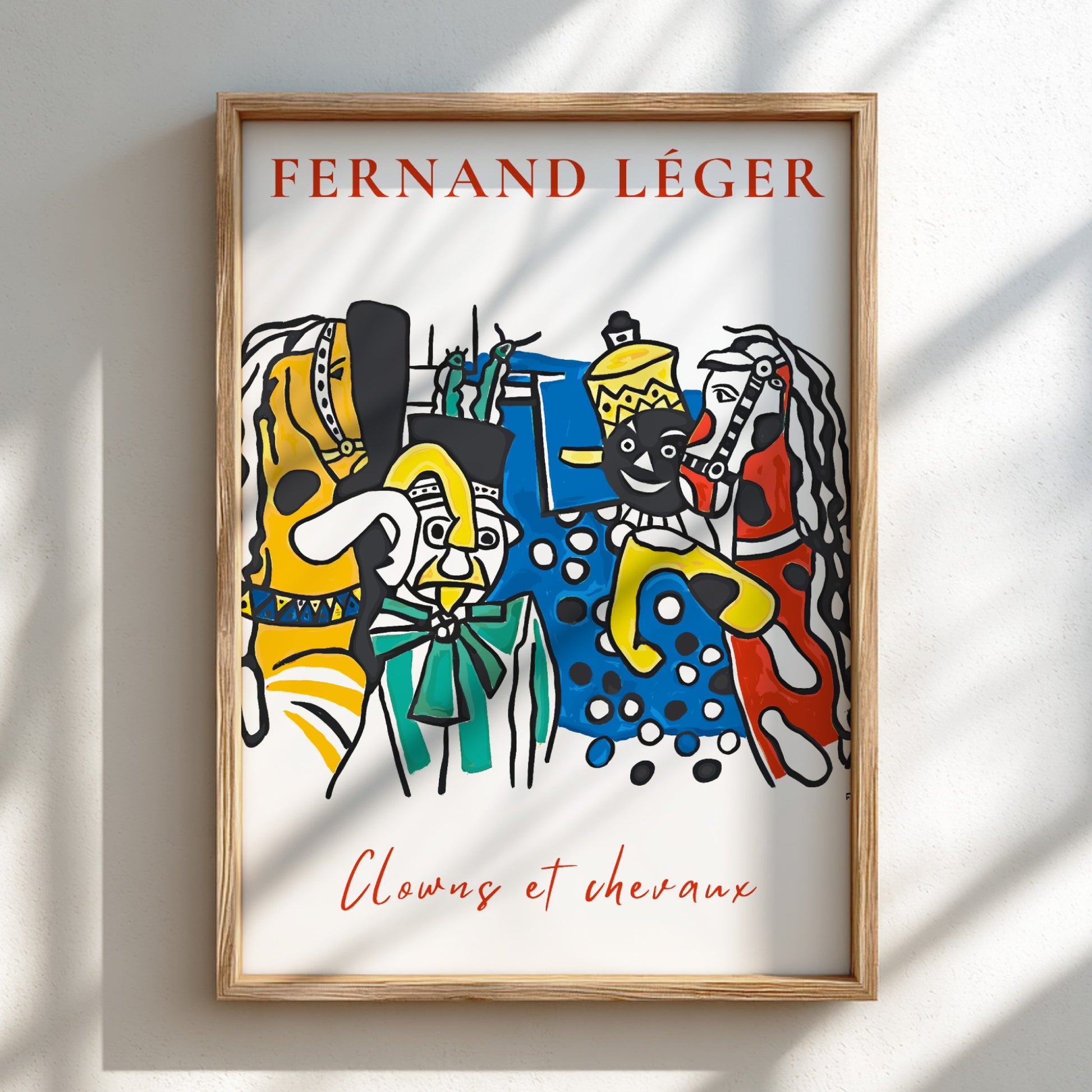 Poster of Fernand Léger's 'Clowns et Chevaux' featuring colorful circus figures and horses in a bold, modern
