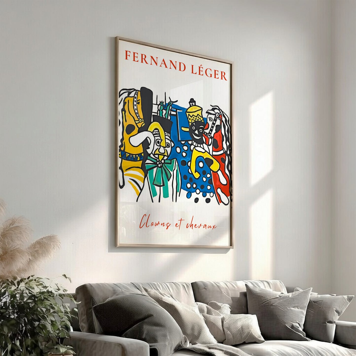 Poster of Fernand Léger's 'Clowns et Chevaux' featuring colorful circus figures and horses in a bold, modern