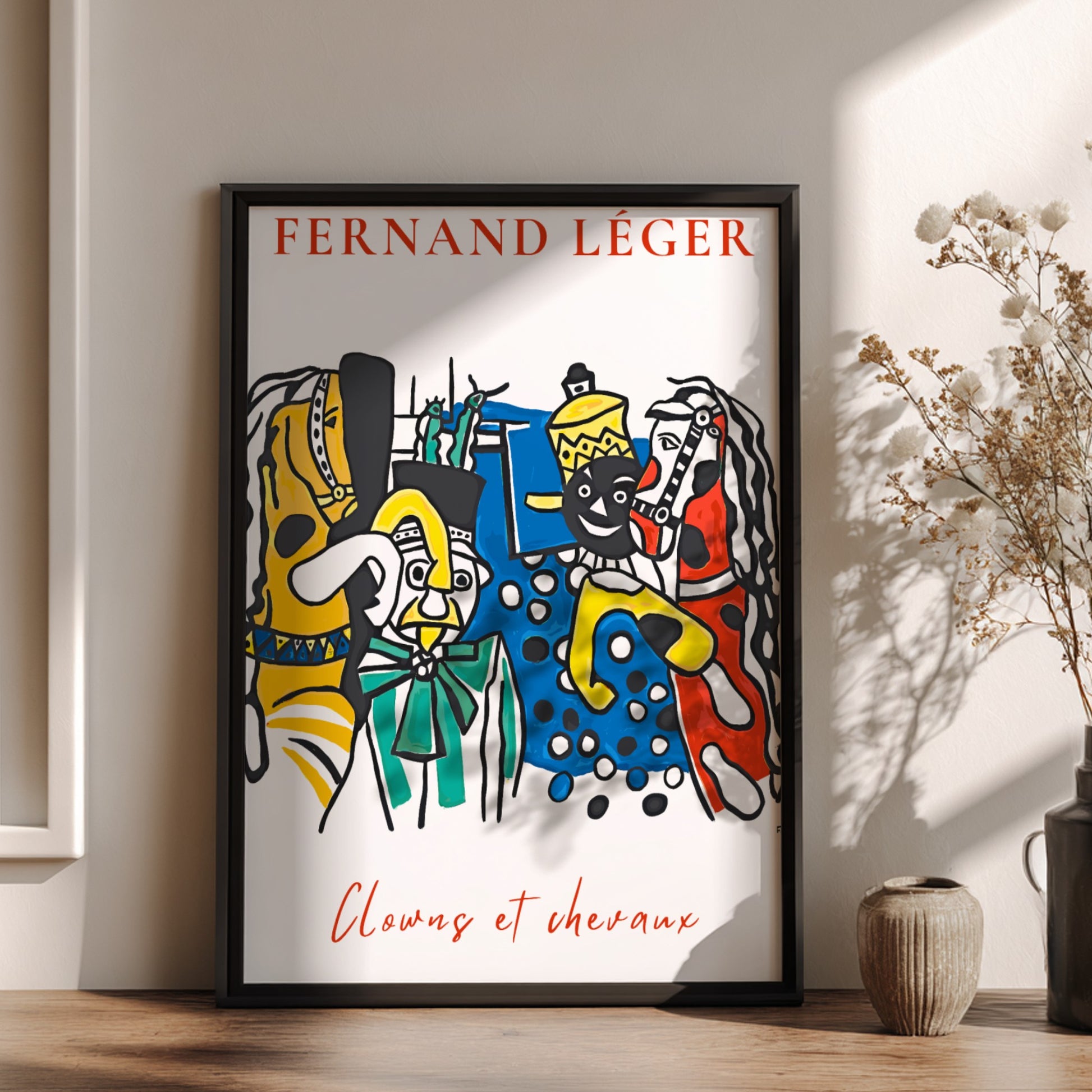 Poster of Fernand Léger's 'Clowns et Chevaux' featuring colorful circus figures and horses in a bold, modern