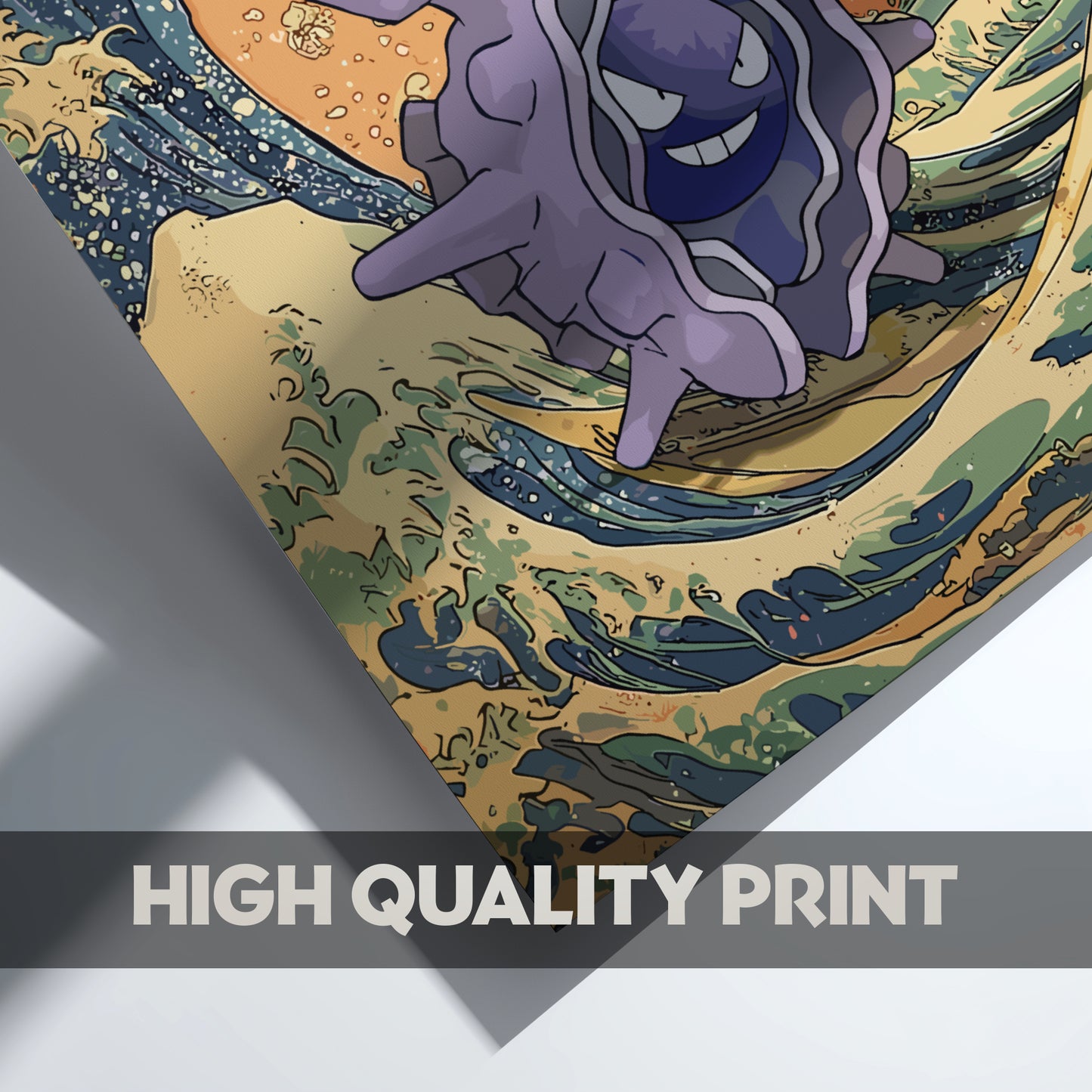 Artistic depiction of Cloyster Pokemon on a wave with 'High Quality Print' text overlay