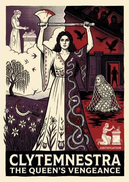 Clytemnestra Greek mythology poster featuring a woman holding an axe, split design with nature and dark