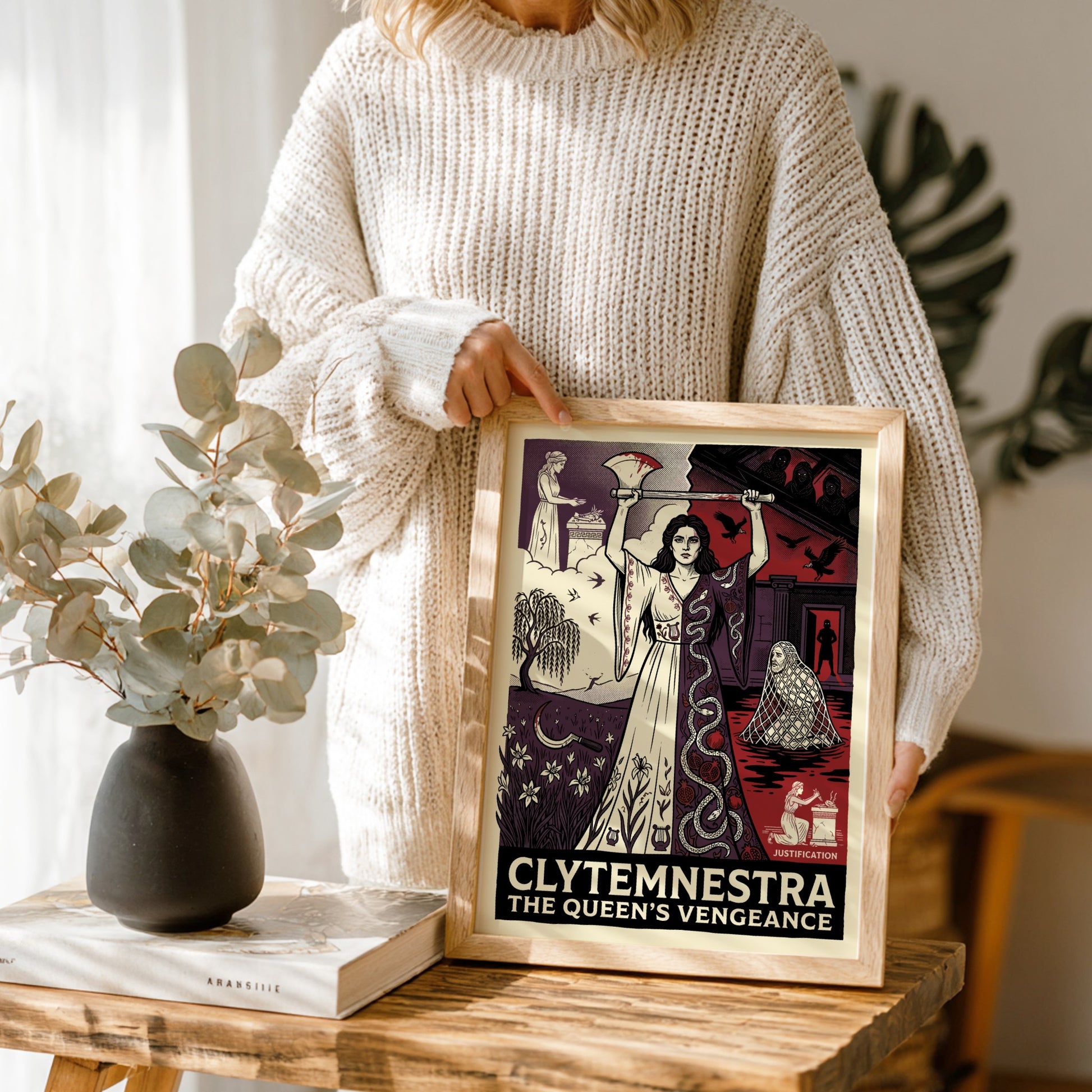 Clytemnestra Greek mythology poster featuring a woman holding an axe, split design with nature and dark