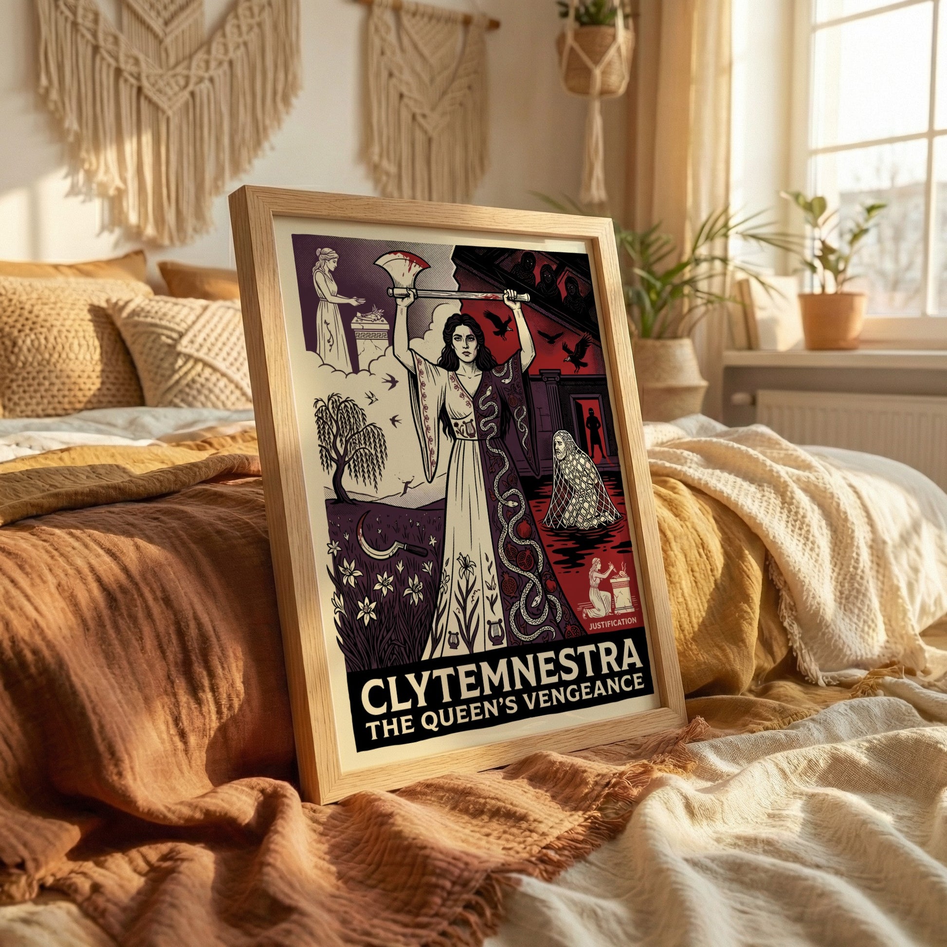 Clytemnestra Greek mythology poster featuring a woman holding an axe, split design with nature and dark