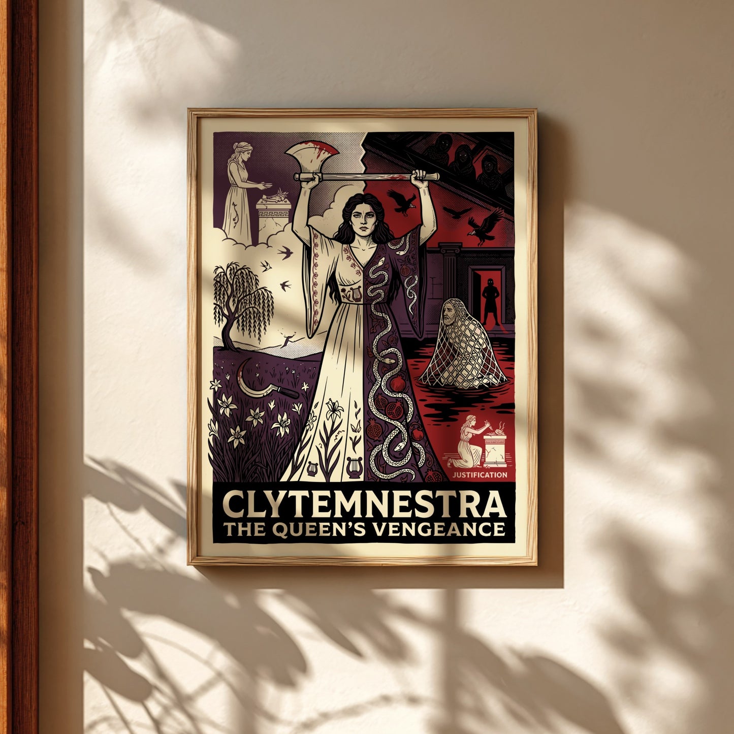 Clytemnestra Greek mythology poster featuring a woman holding an axe, split design with nature and dark