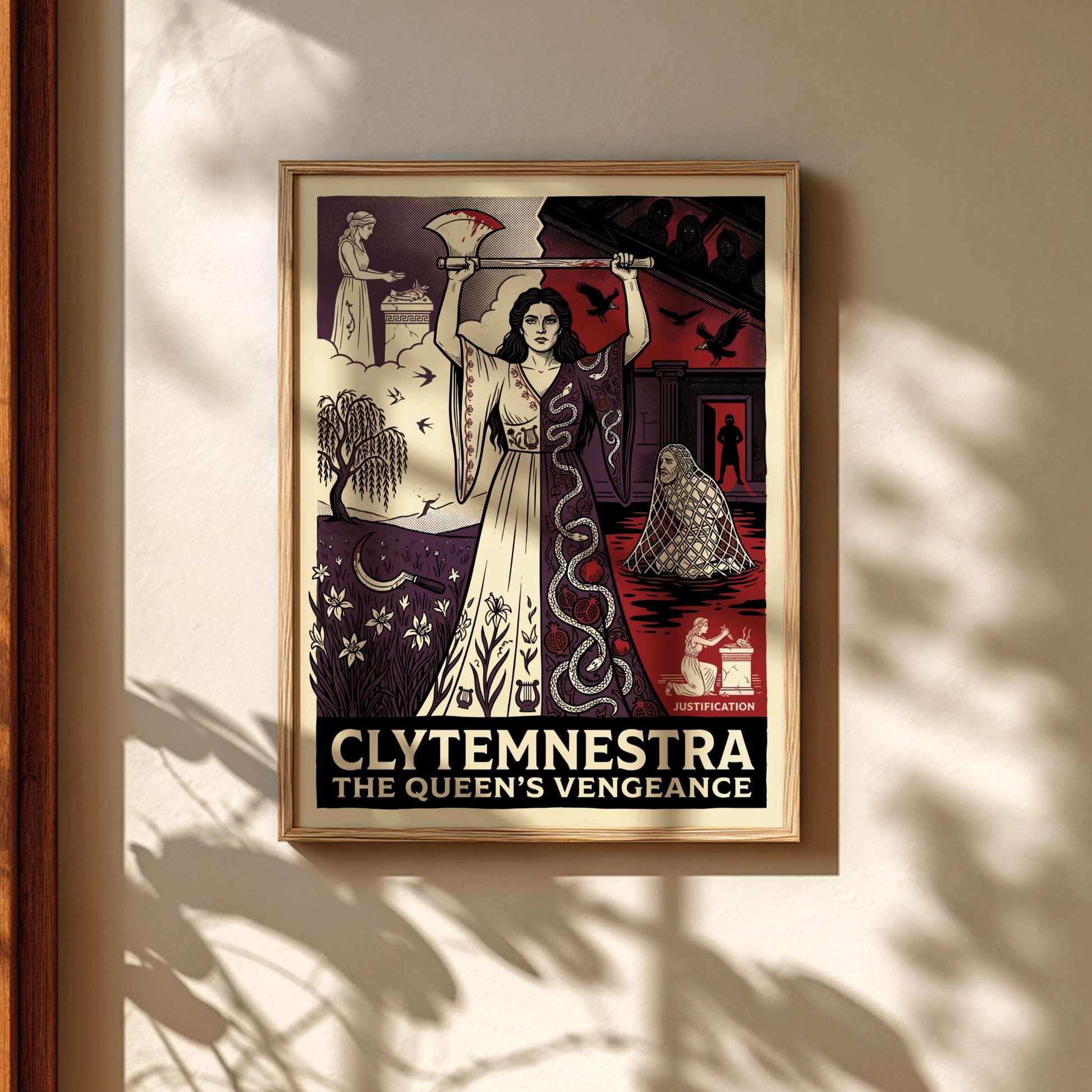 Clytemnestra Greek mythology poster featuring a woman holding an axe, split design with nature and dark