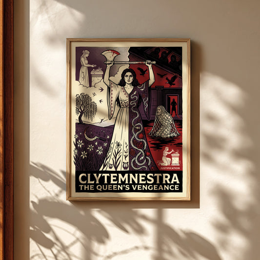 Clytemnestra Greek mythology poster featuring a woman holding an axe, split design with nature and dark