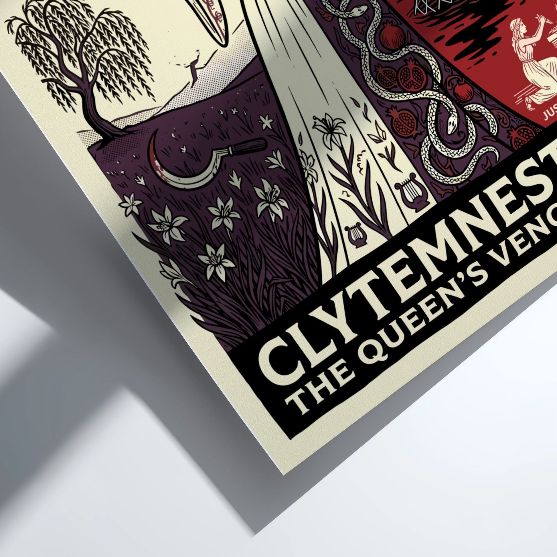 Clytemnestra Greek mythology poster featuring a woman holding an axe, split design with nature and dark