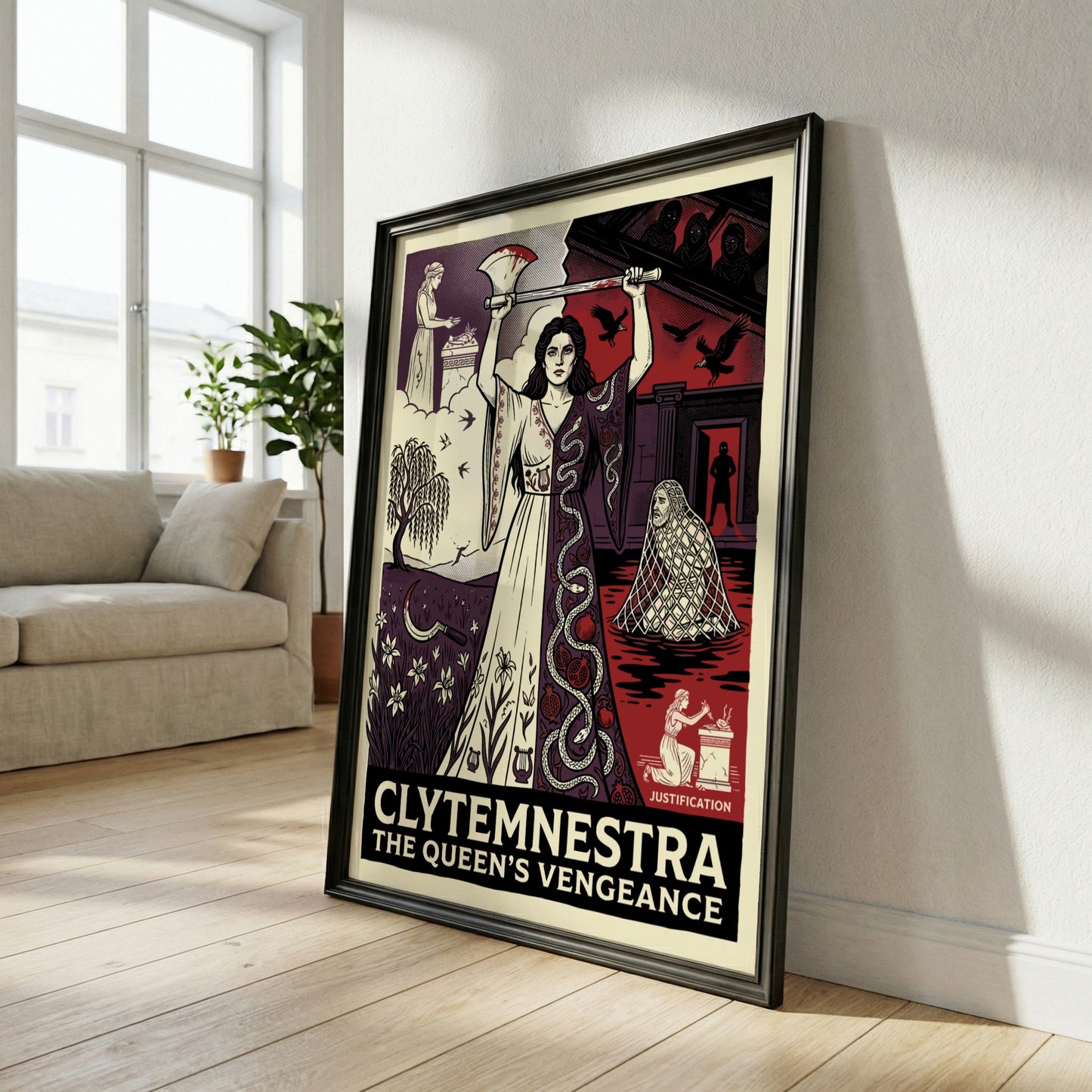 Clytemnestra Greek mythology poster featuring a woman holding an axe, split design with nature and dark