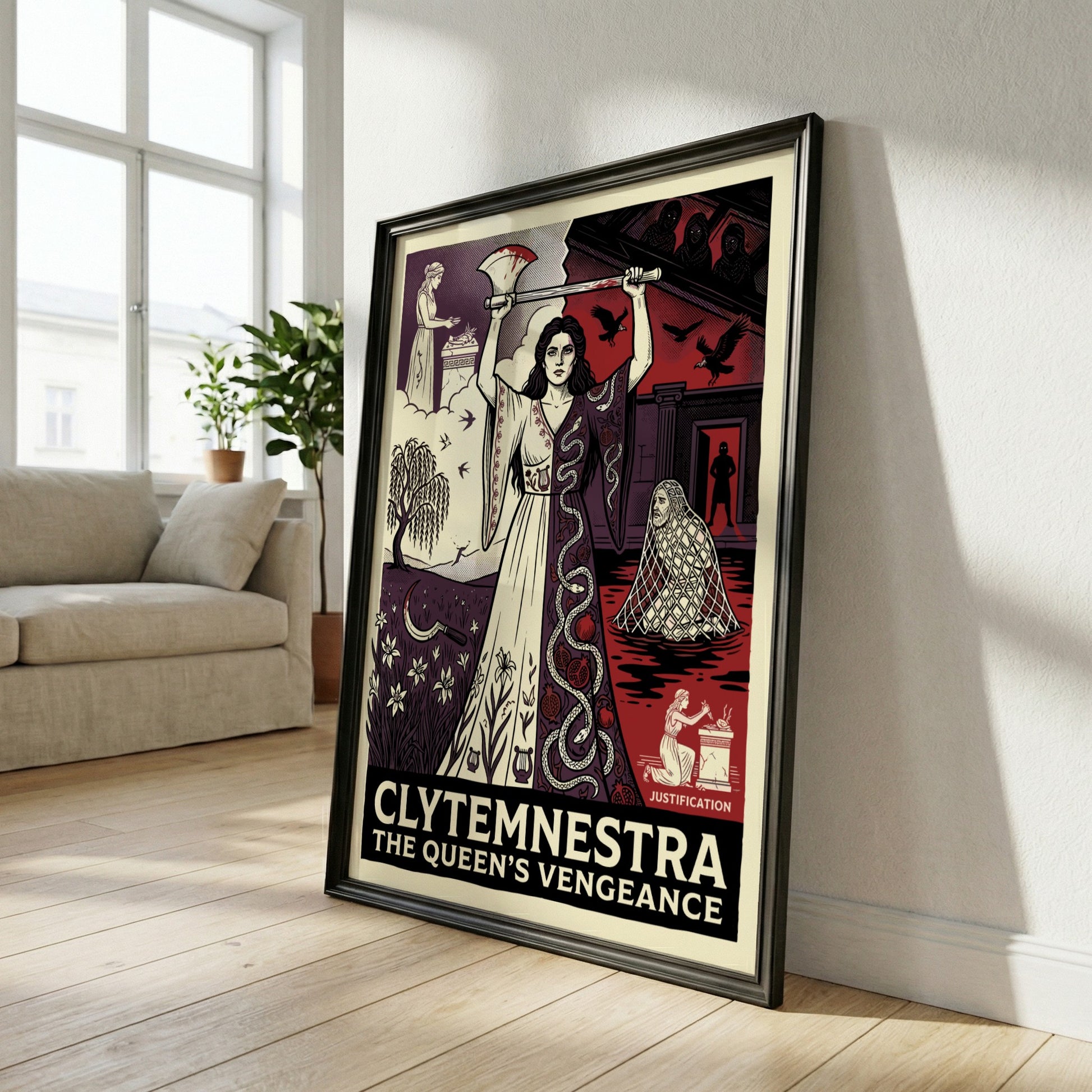 Clytemnestra Greek mythology poster featuring a woman holding an axe, split design with nature and dark