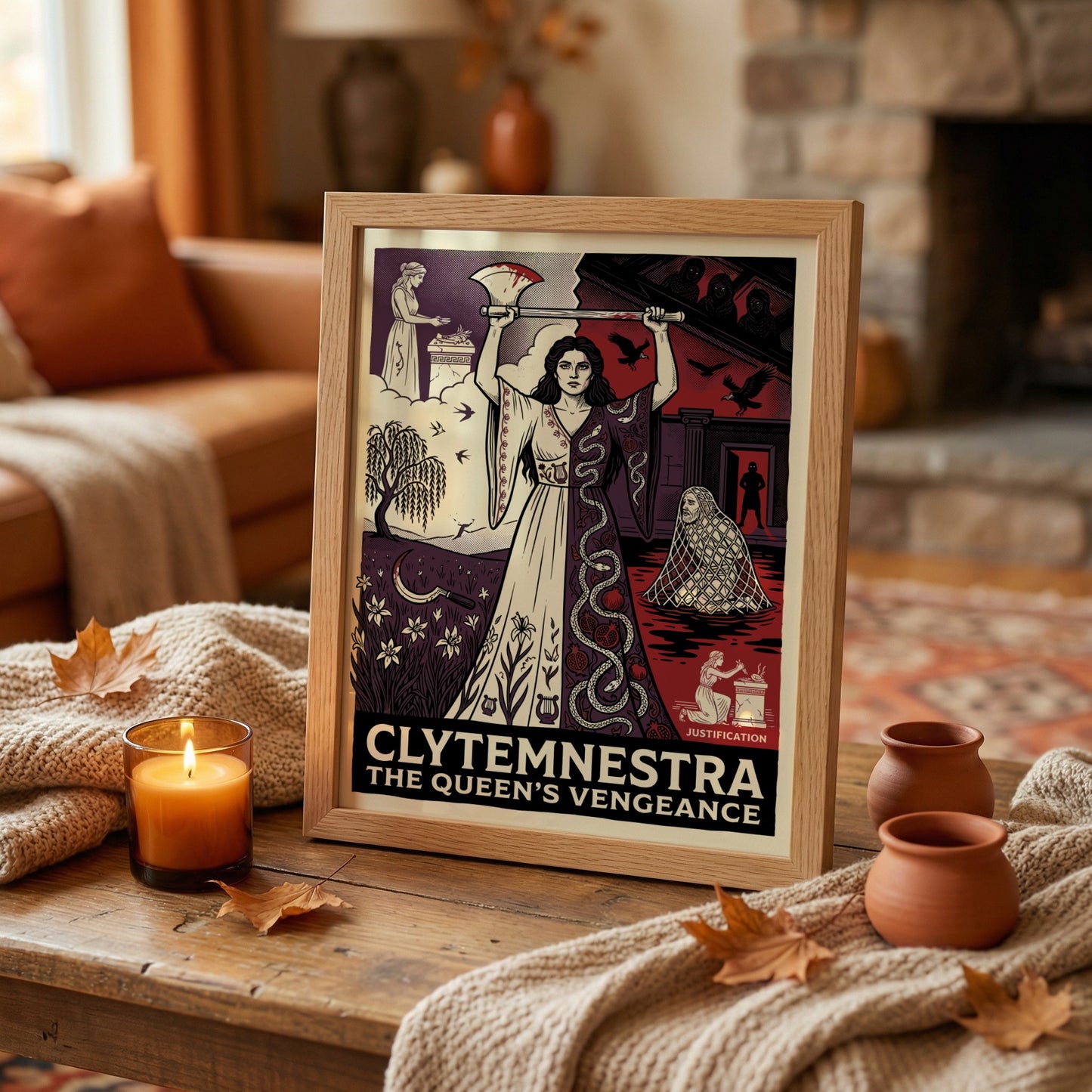 Clytemnestra Greek mythology poster featuring a woman holding an axe, split design with nature and dark