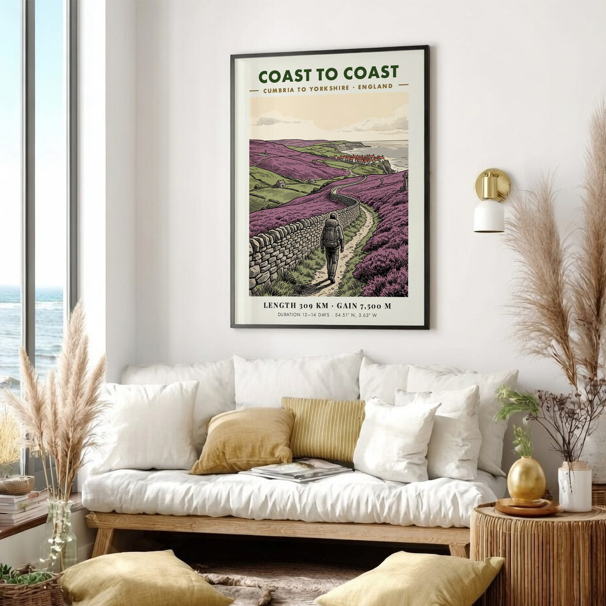 Poster featuring a hiker on the Coast to Coast path through purple heather.