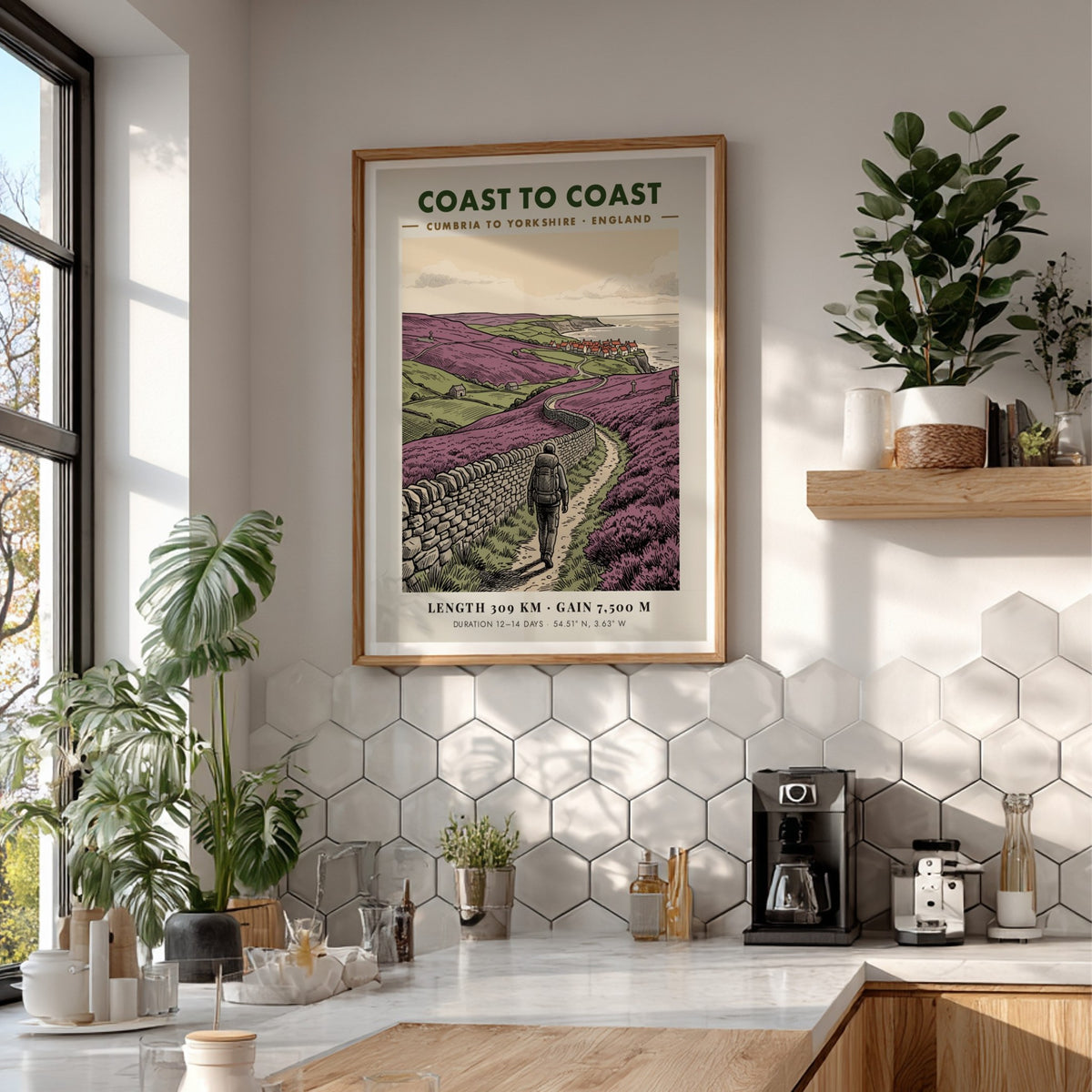 Poster featuring a hiker on the Coast to Coast path through purple heather.