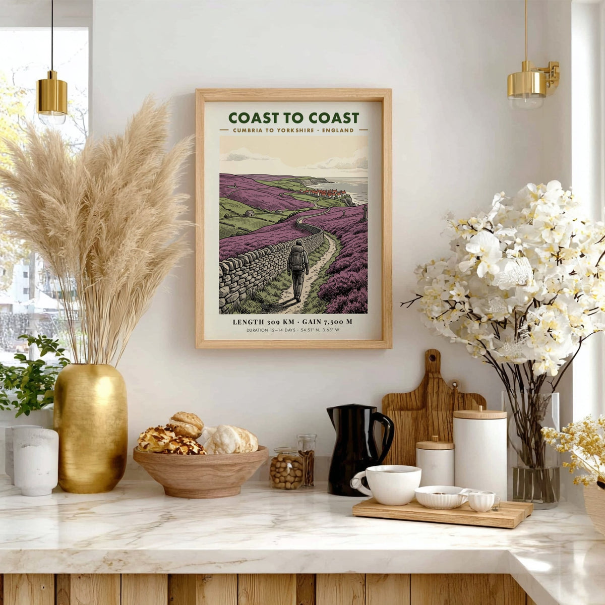 Poster featuring a hiker on the Coast to Coast path through purple heather.