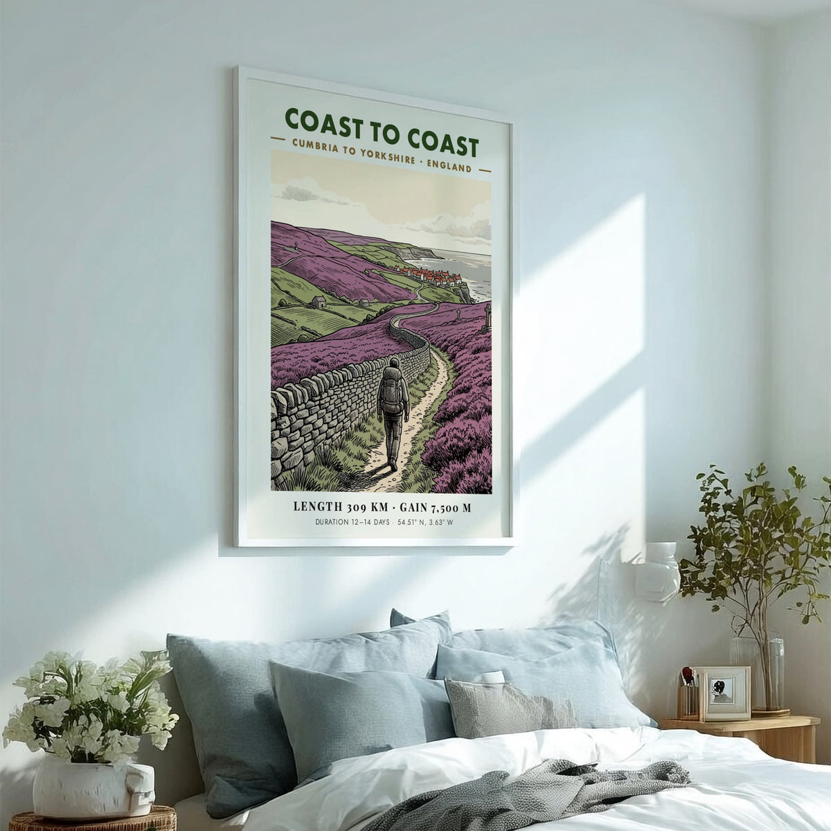 Poster featuring a hiker on the Coast to Coast path through purple heather.