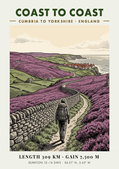 Poster featuring a hiker on the Coast to Coast path through purple heather.