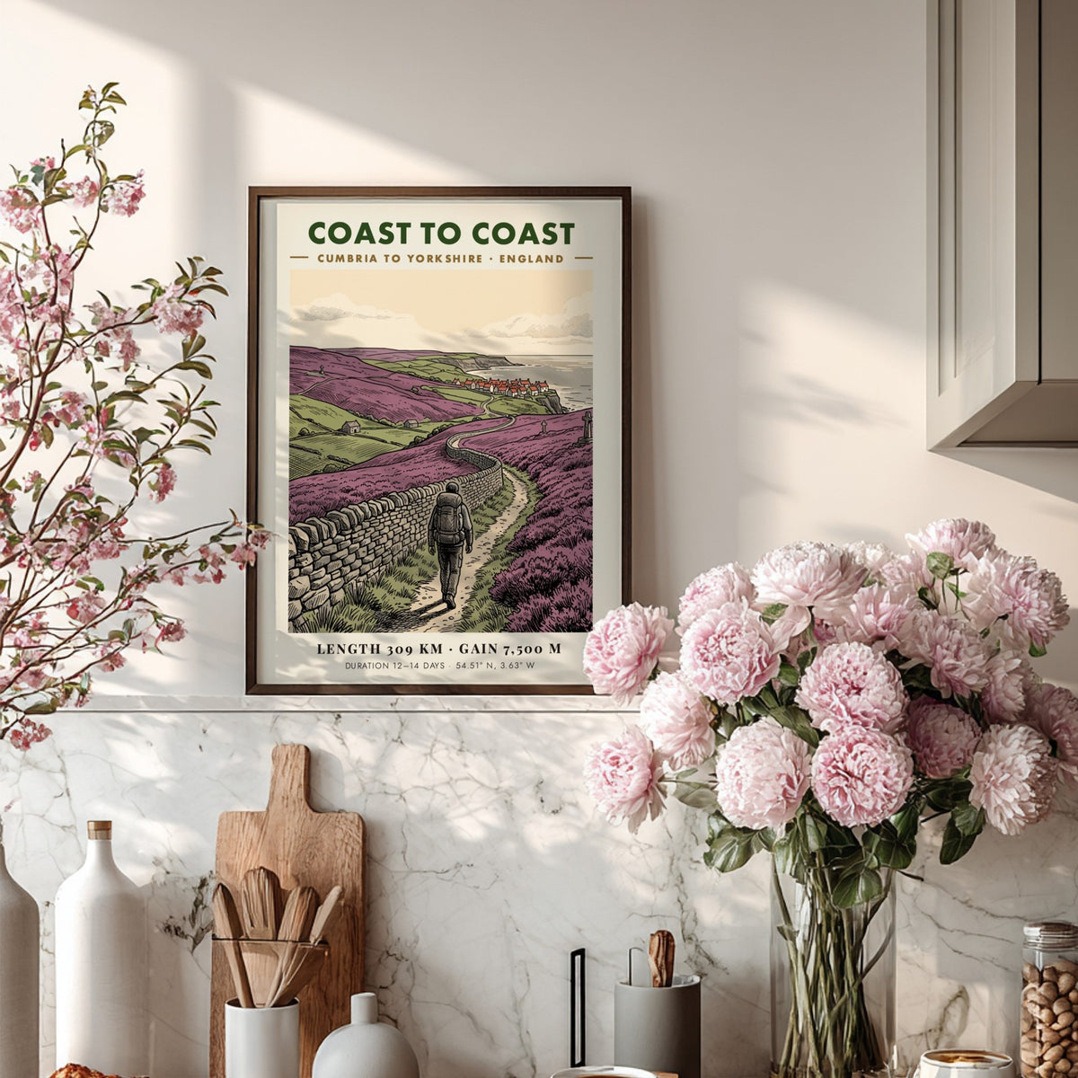 Poster featuring a hiker on the Coast to Coast path through purple heather.