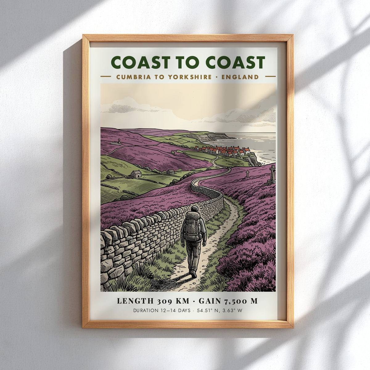 Poster featuring a hiker on the Coast to Coast path through purple heather.