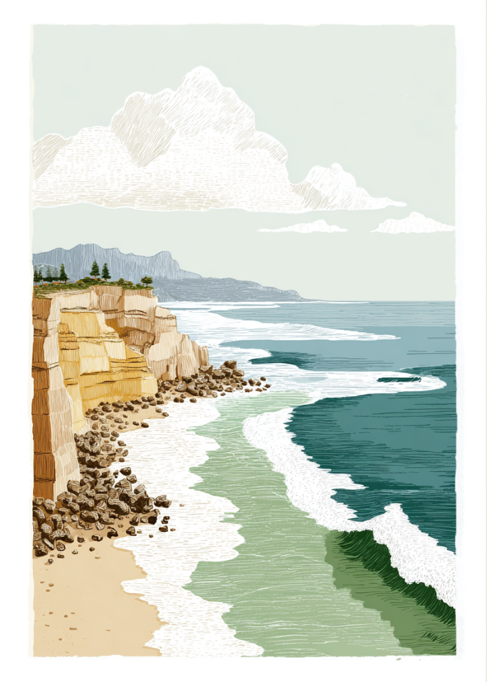 Artistic depiction of a coastal scene with cliffs, ocean, and mountains.