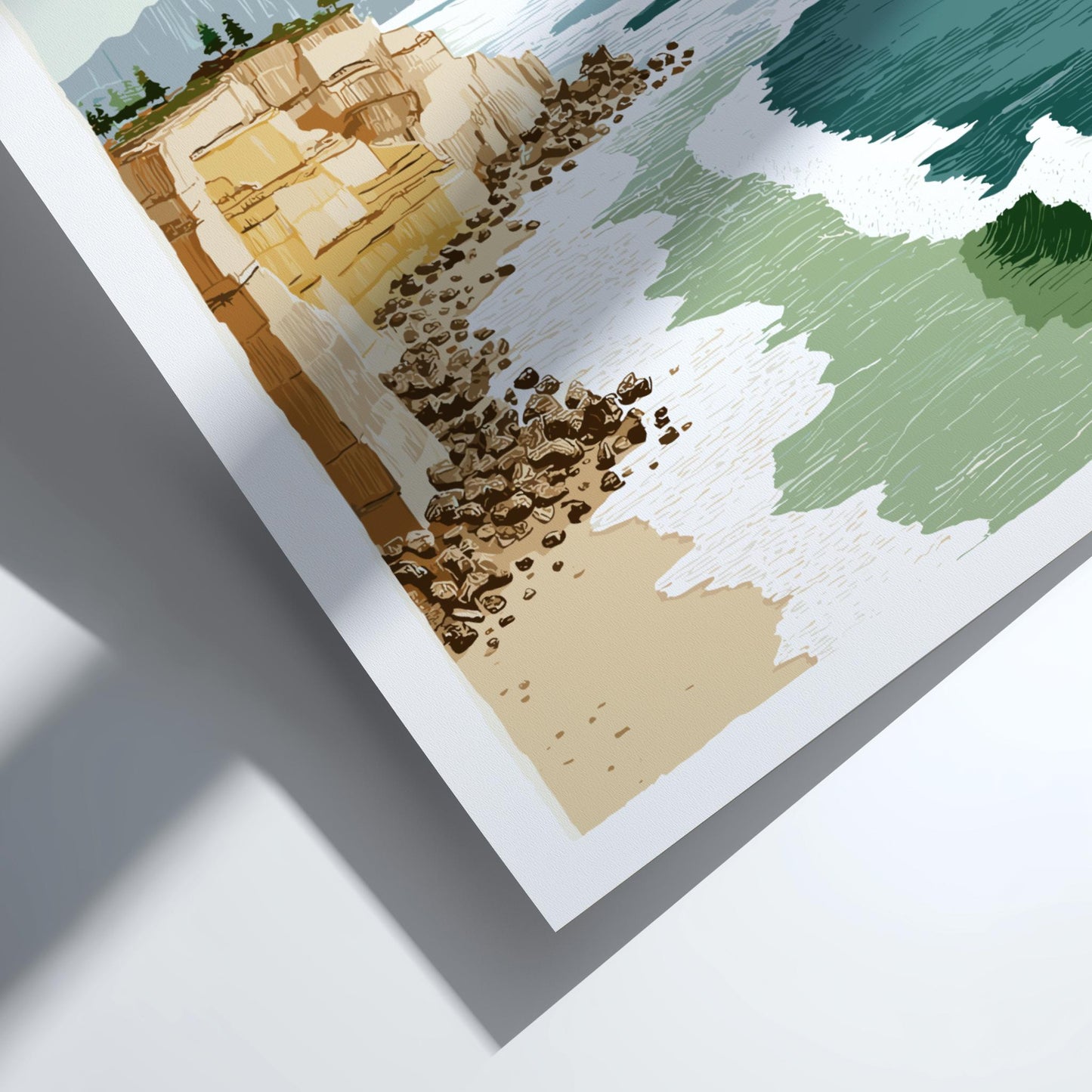 Artistic depiction of a coastal scene with rocks and water on a white background