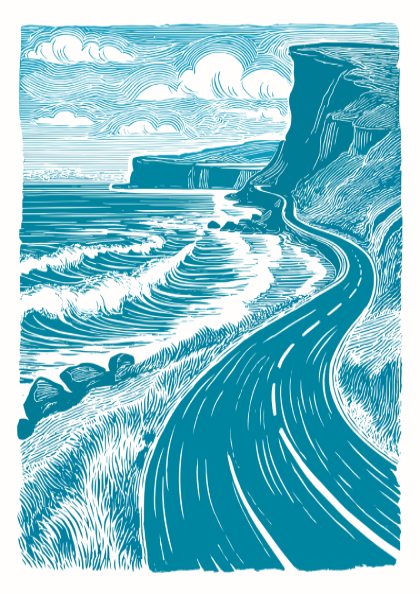 Artistic illustration of a winding road by the sea with blue tones.