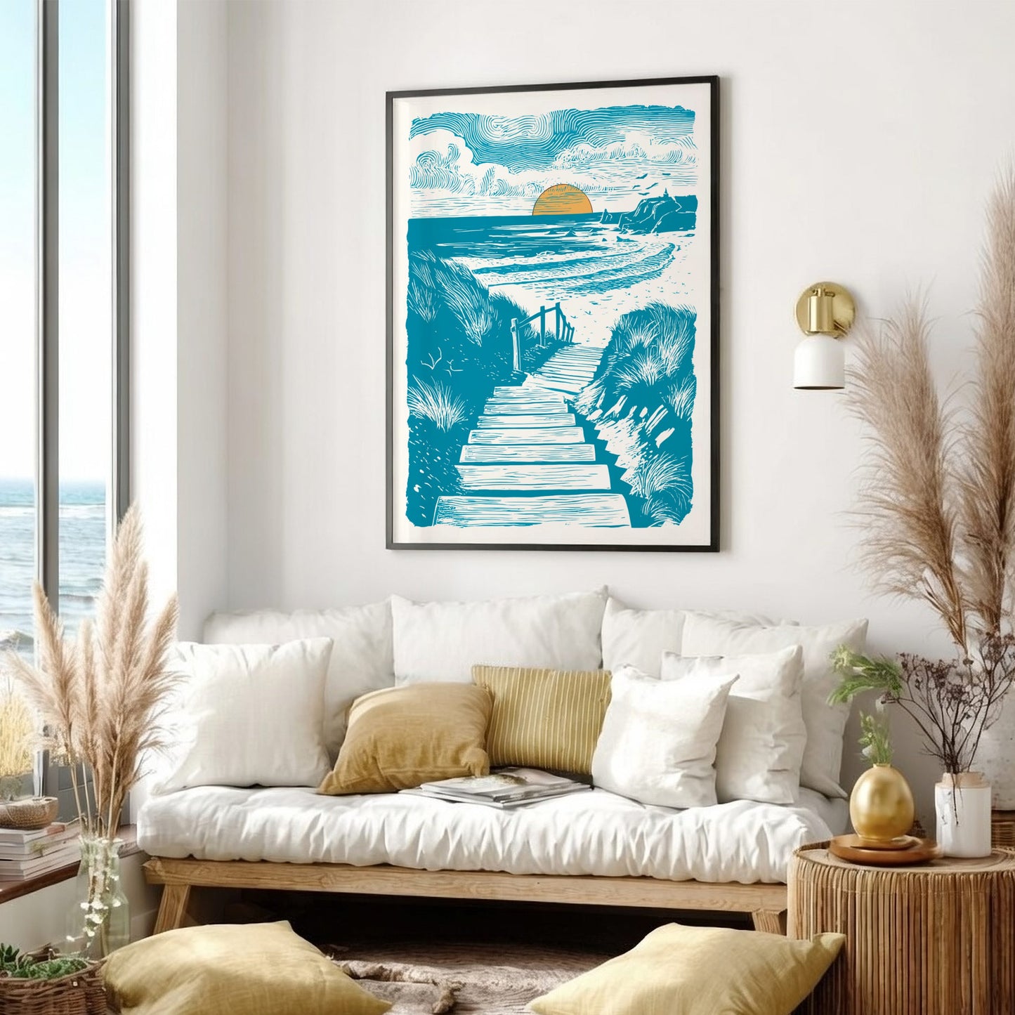 Poster of a coastal artwork on a wall. 