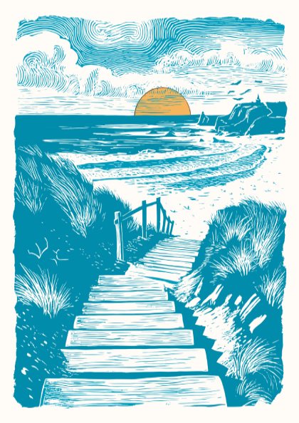 Poster of a coastal artwork on a wall. 