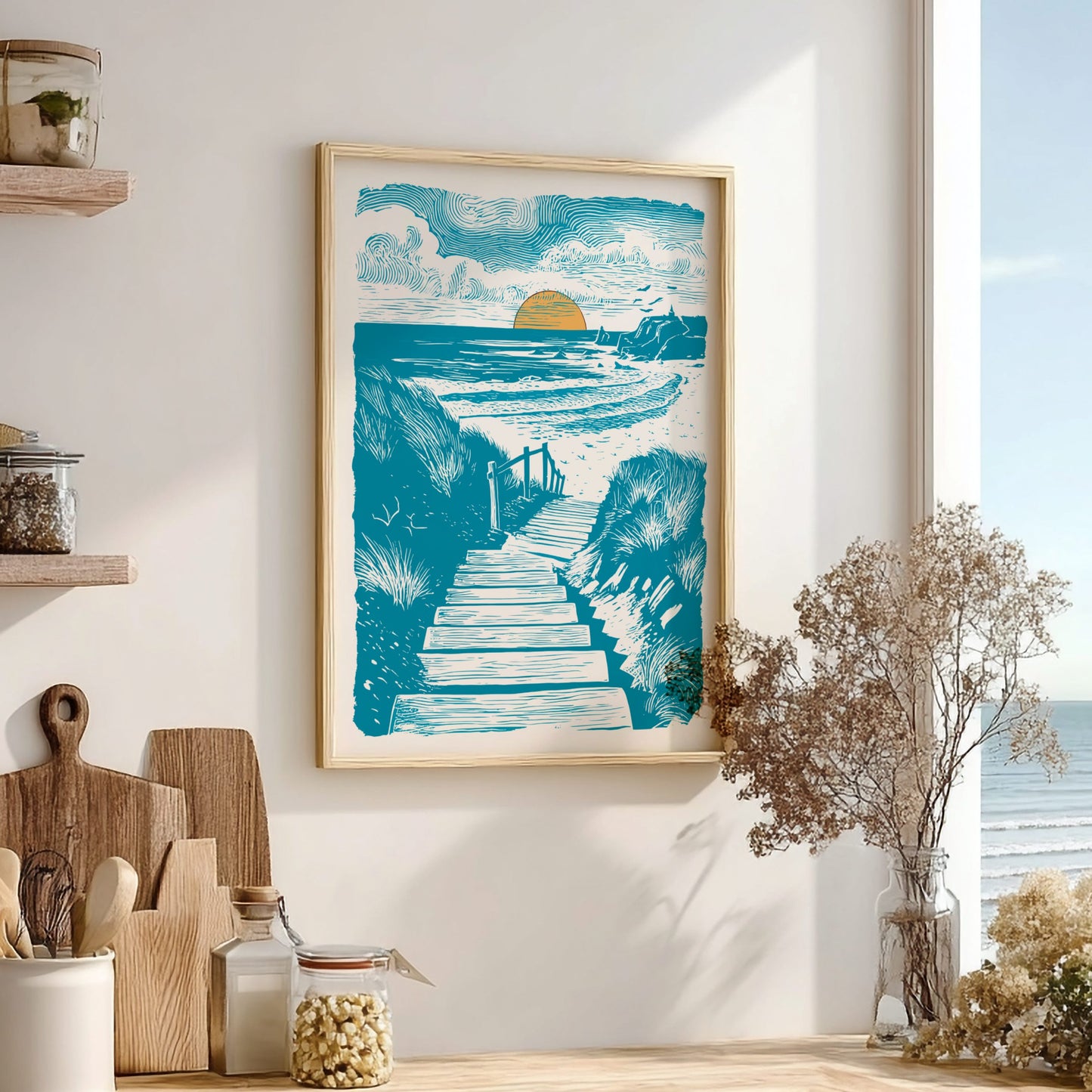 Poster of a coastal artwork on a wall. 