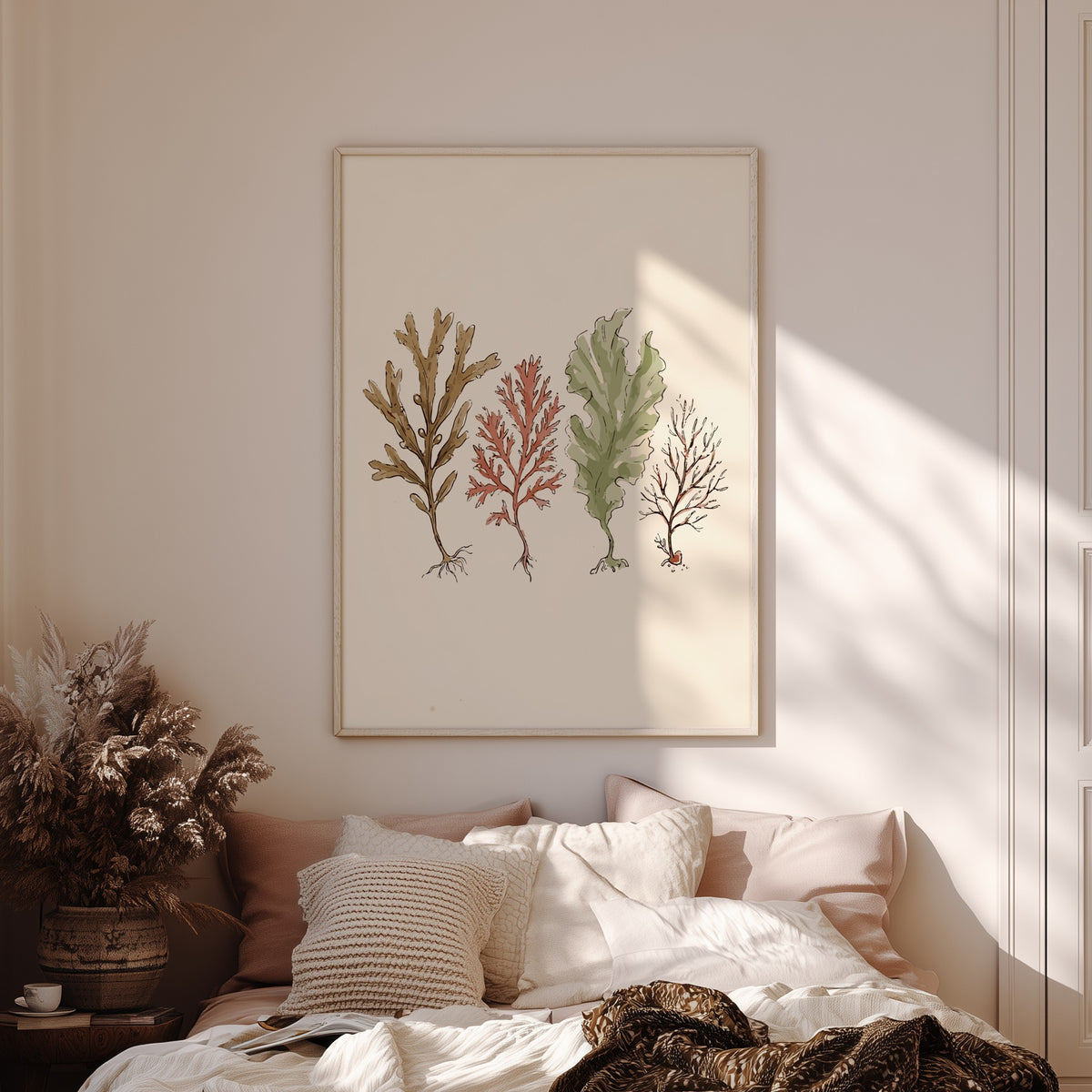 Poster featuring four detailed seaweed specimens in shades of brown, red, and sage green.
