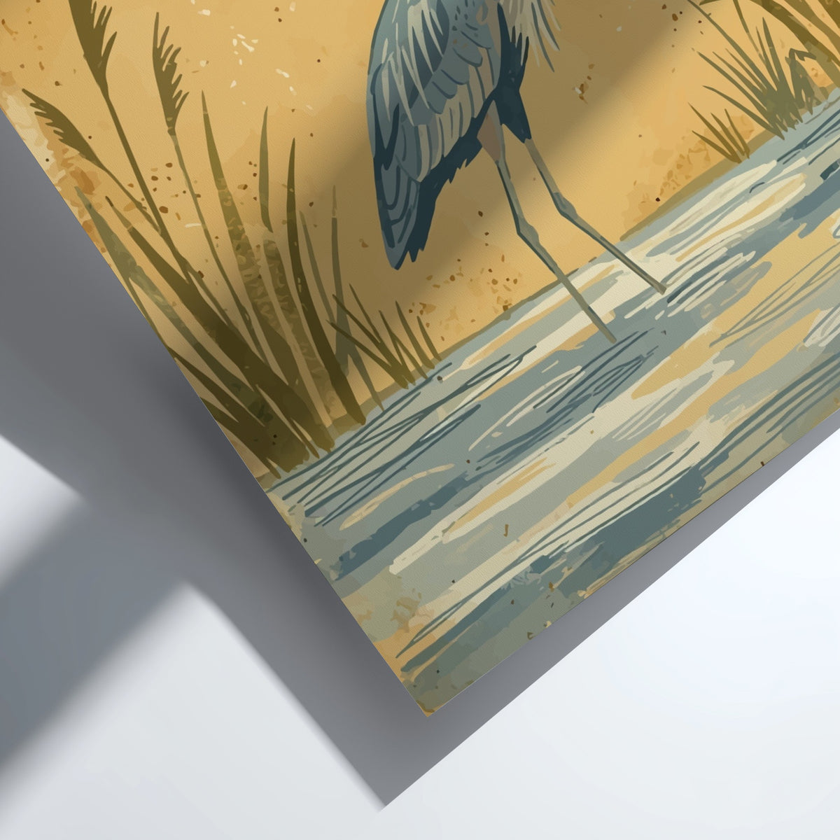 Great blue heron standing in marsh grass under a full moon in soft tones.