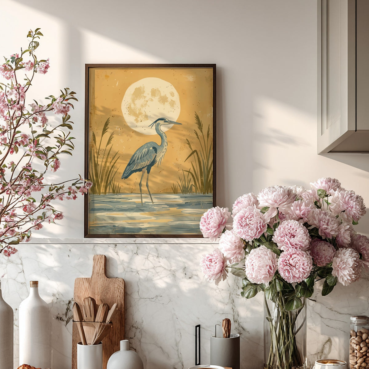 Great blue heron standing in marsh grass under a full moon in soft tones.