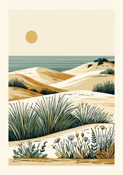 Minimalist coastal dunes landscape art print with sand, sea, and grasses in a warm, earthy palette.