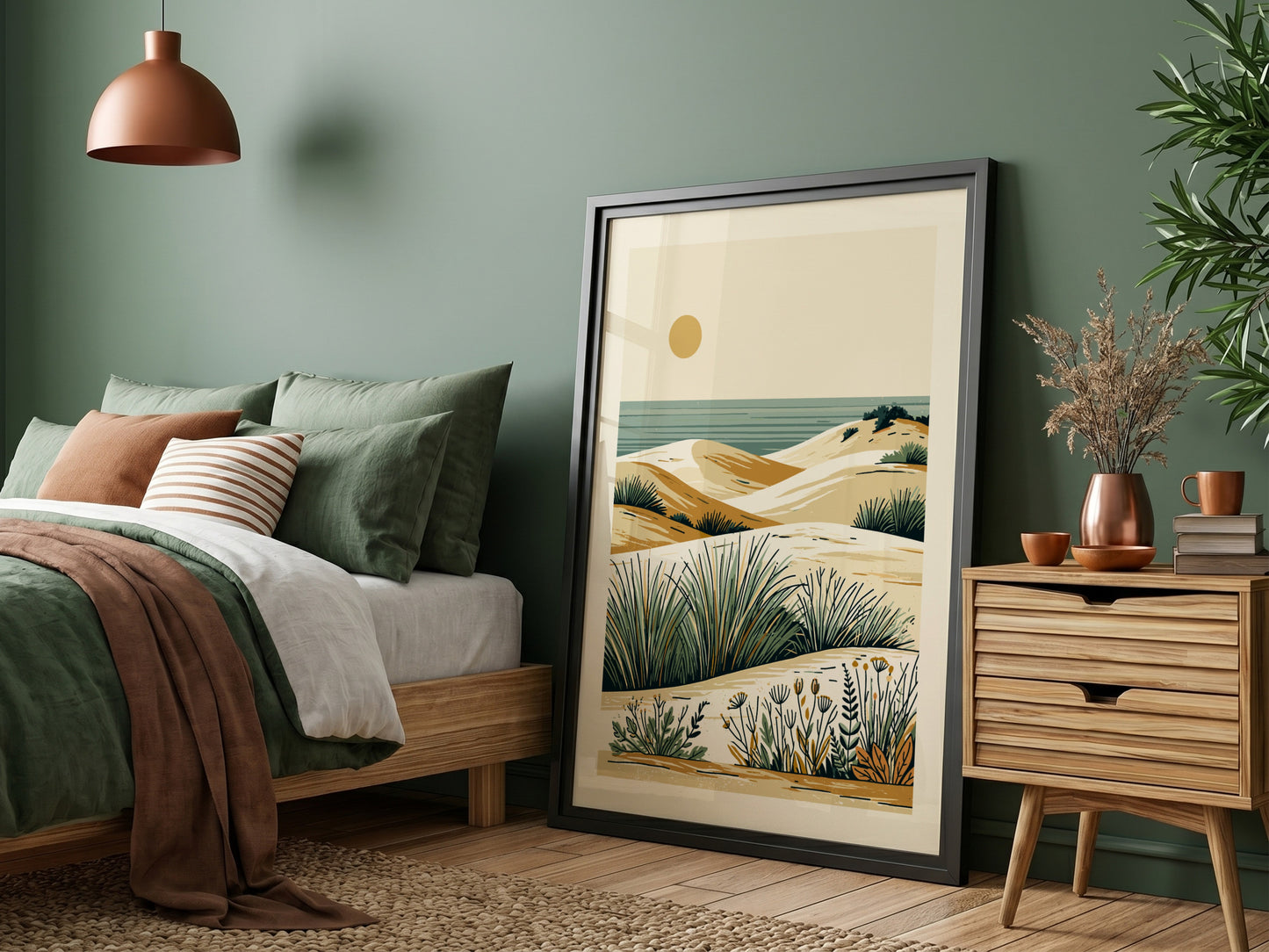 Minimalist coastal dunes landscape art print with sand, sea, and grasses in a warm, earthy palette.