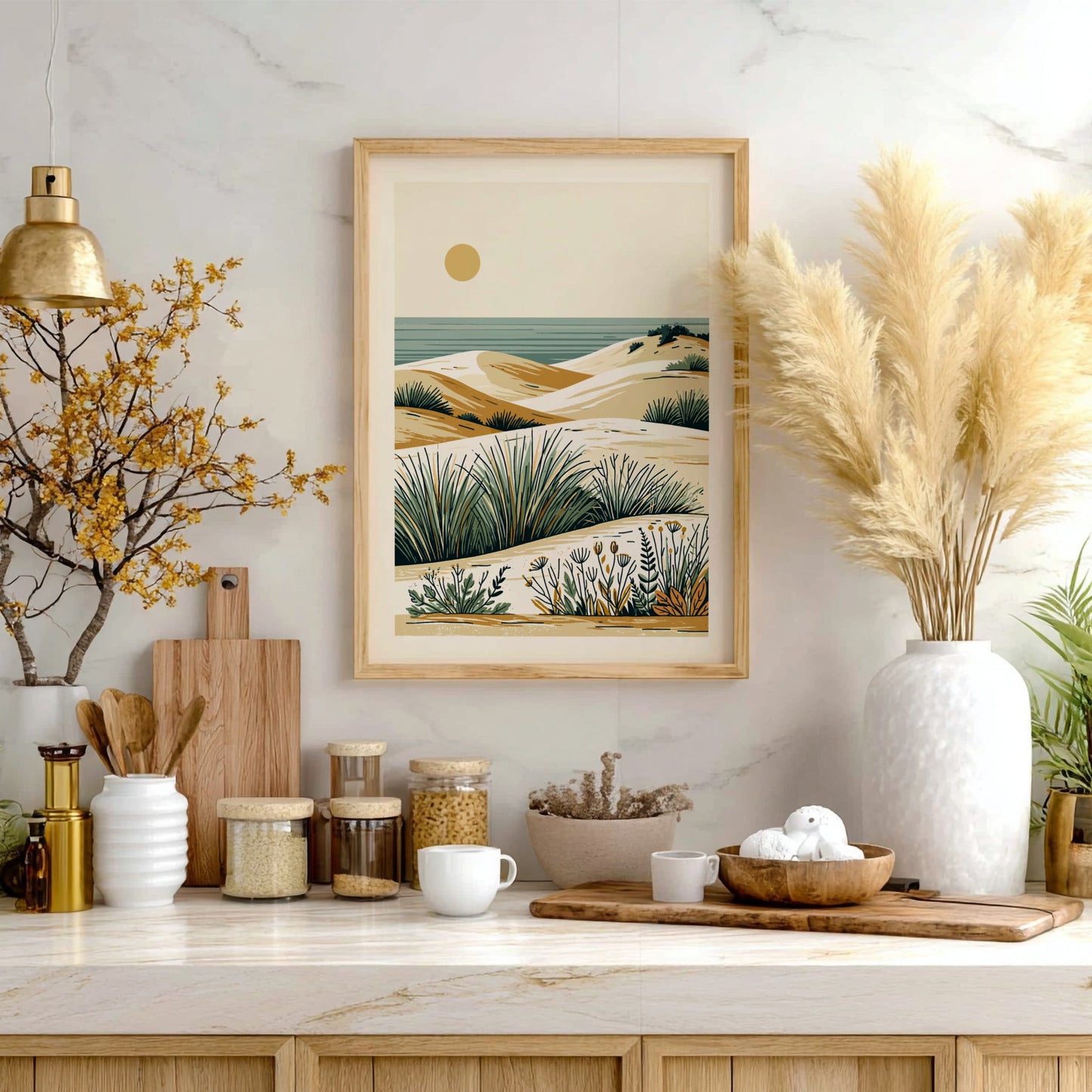 Minimalist coastal dunes landscape art print with sand, sea, and grasses in a warm, earthy palette.