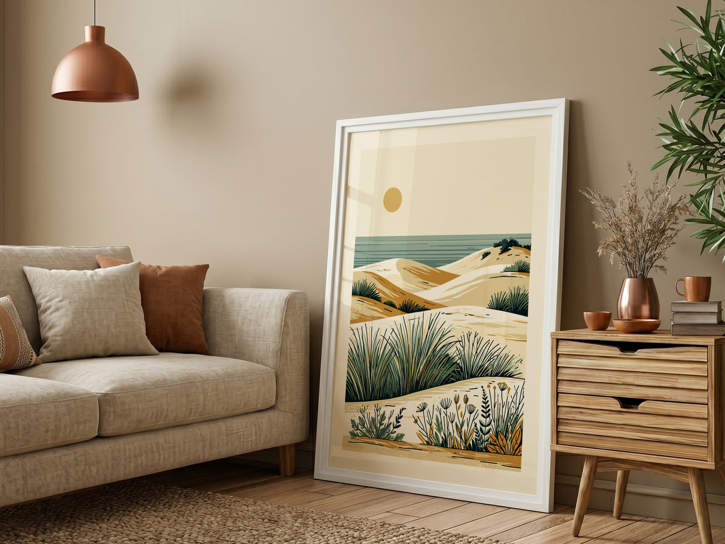 Minimalist coastal dunes landscape art print with sand, sea, and grasses in a warm, earthy palette.